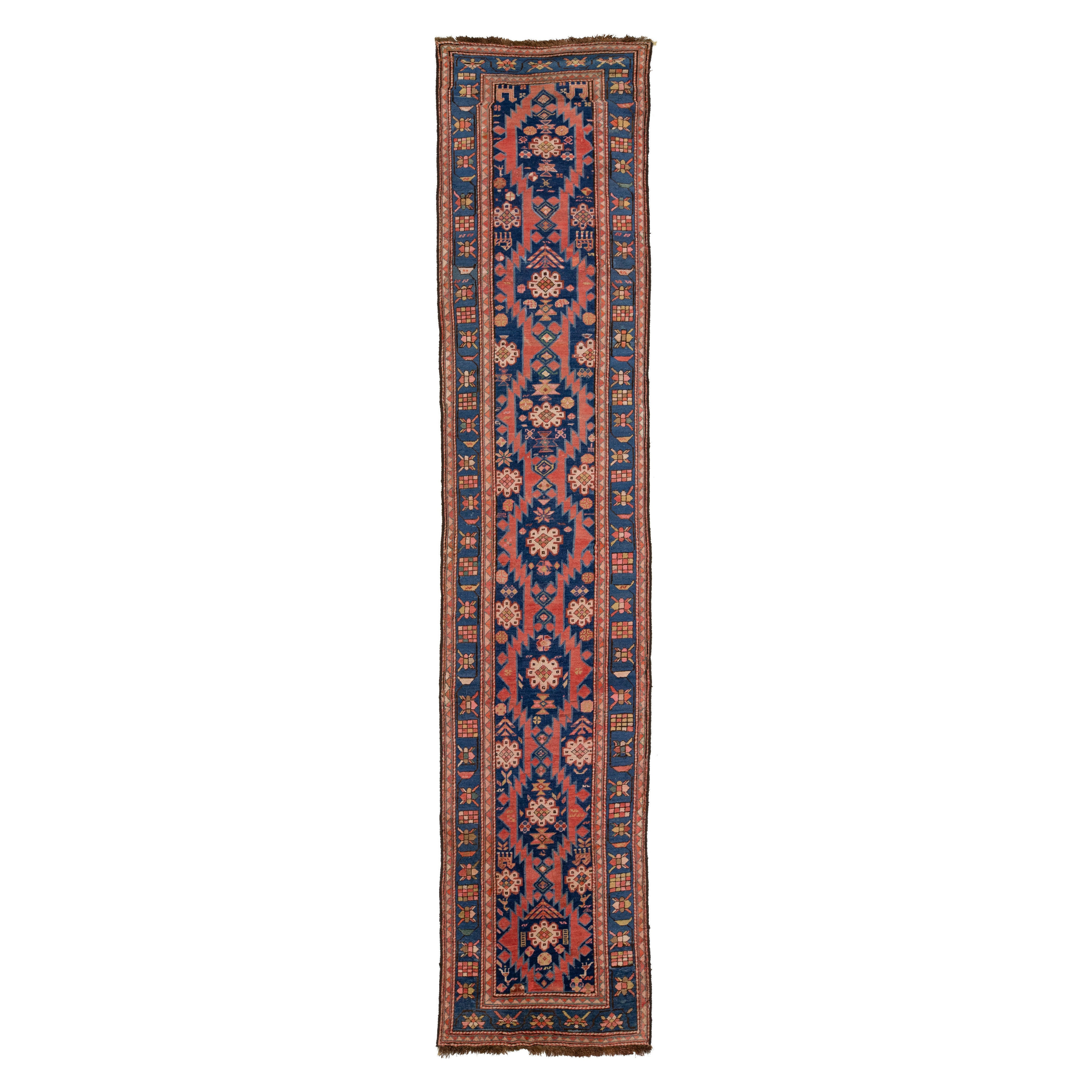Antique Karabaugh Wool Runner In Blue and Red Designed with Tribal Pattern For Sale