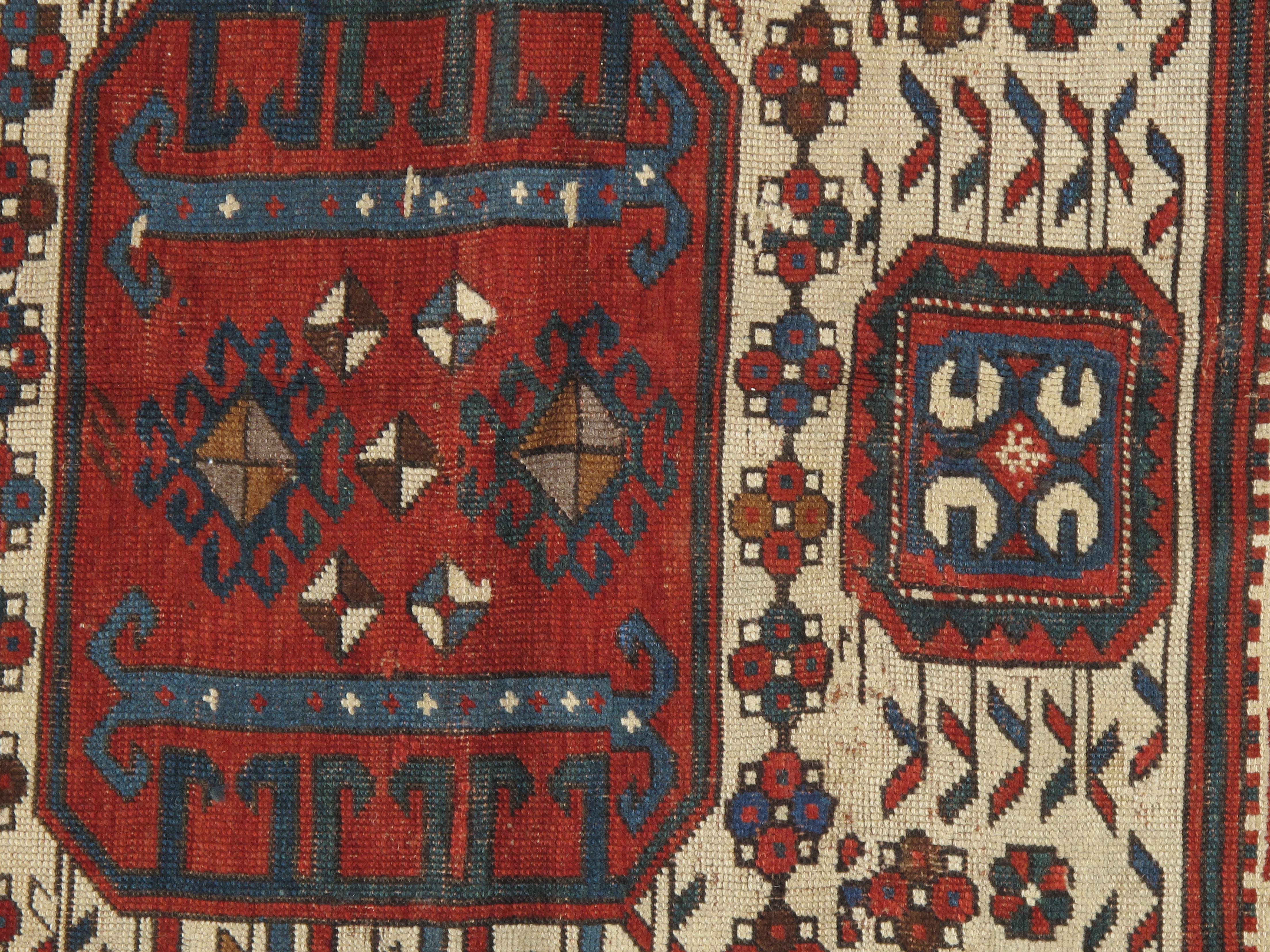 Antique Karachov Kazak Carpet, Handmade Wool, Rust, Ivory, Blue and Geometric For Sale 4
