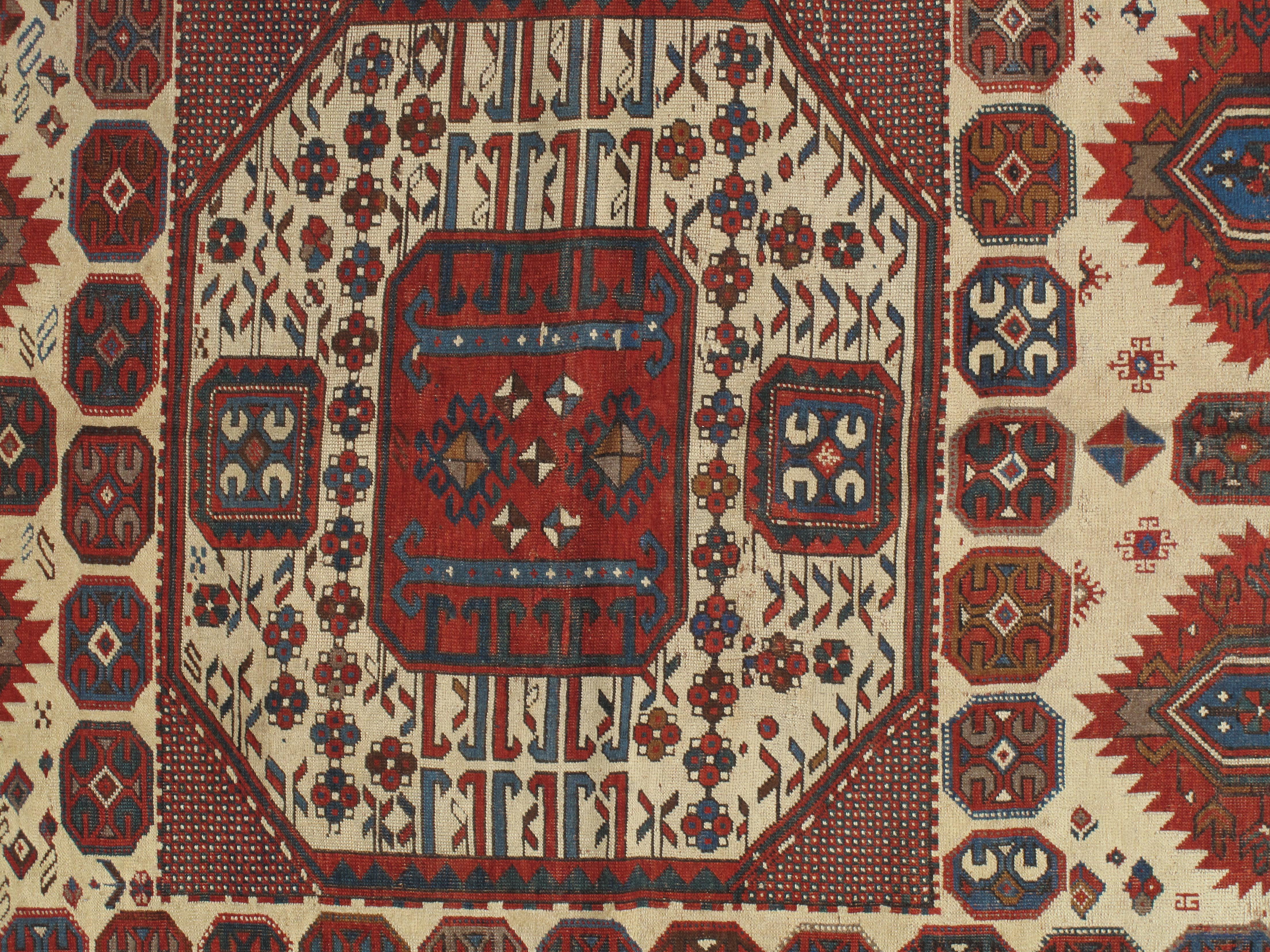 Antique Karachov Kazak Carpet, Handmade Wool, Rust, Ivory, Blue and Geometric For Sale 5