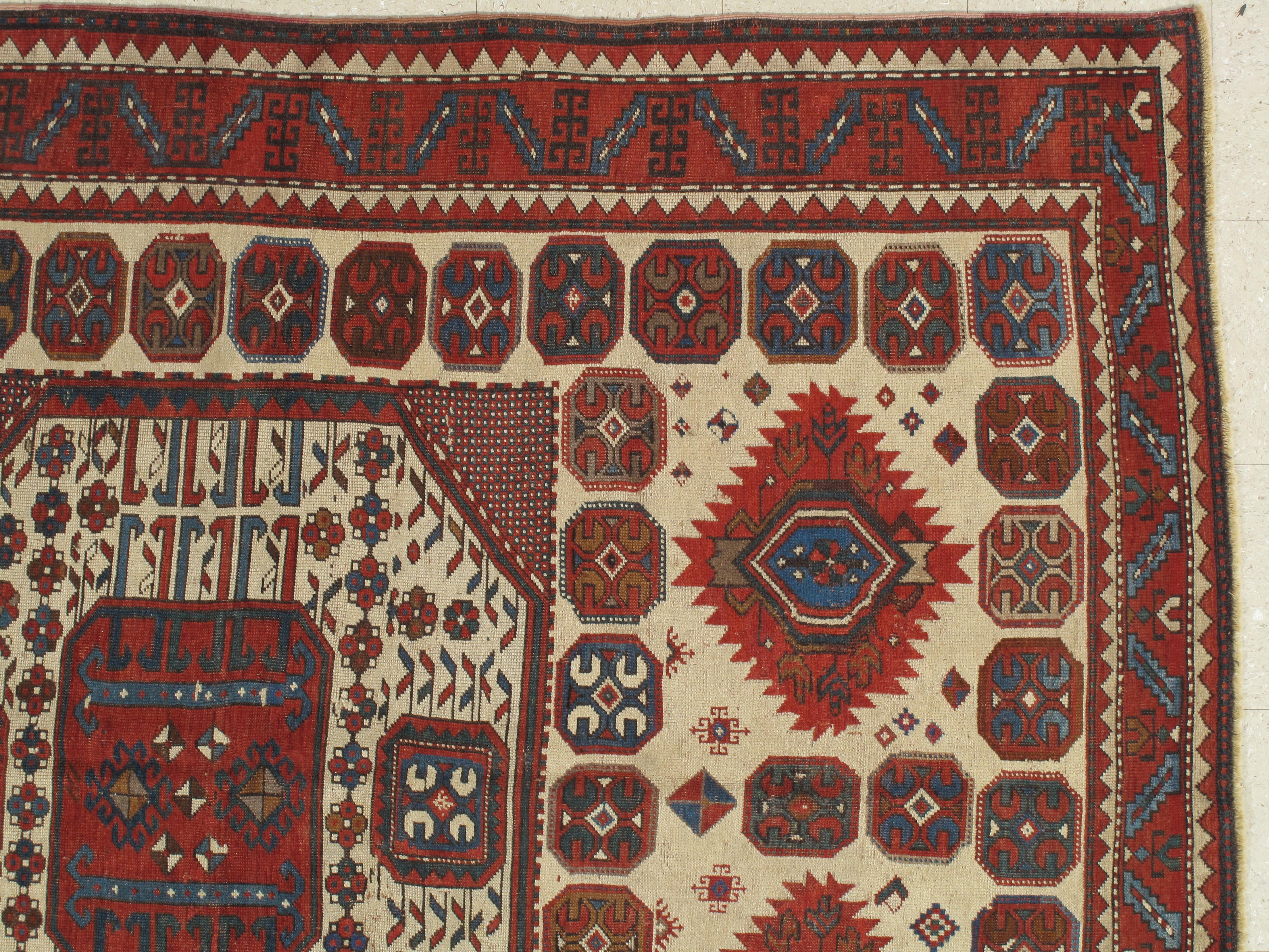 Russian Antique Karachov Kazak Carpet, Handmade Wool, Rust, Ivory, Blue and Geometric For Sale