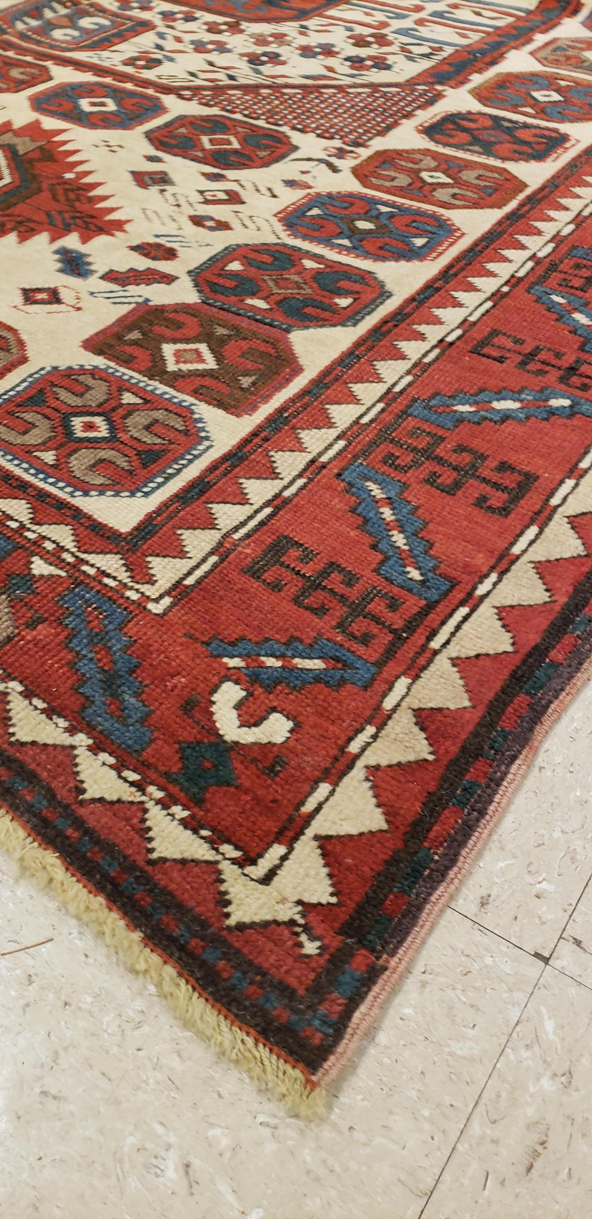 Hand-Knotted Antique Karachov Kazak Carpet, Handmade Wool, Rust, Ivory, Blue and Geometric For Sale