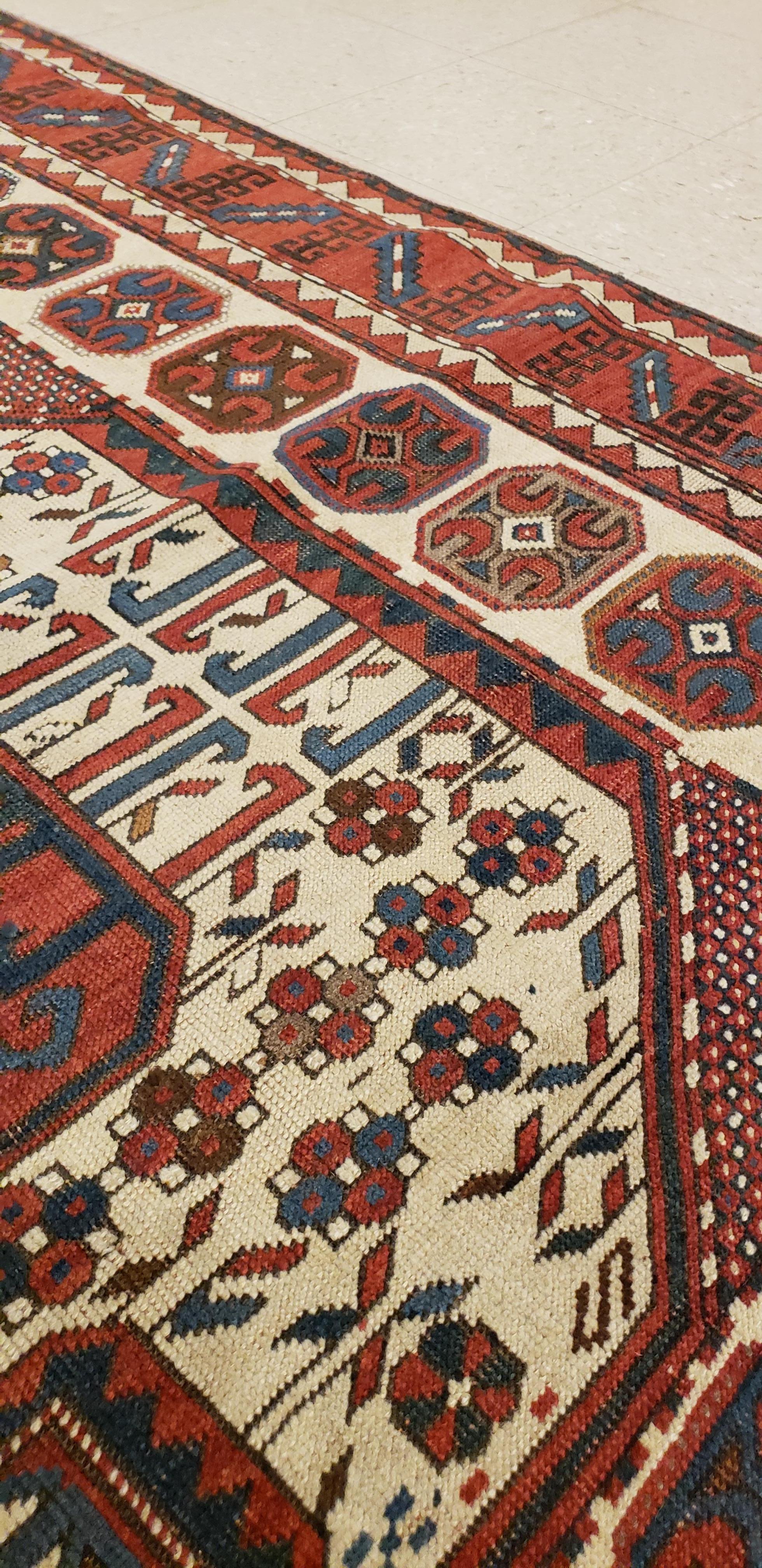 Antique Karachov Kazak Carpet, Handmade Wool, Rust, Ivory, Blue and Geometric In Good Condition For Sale In Port Washington, NY