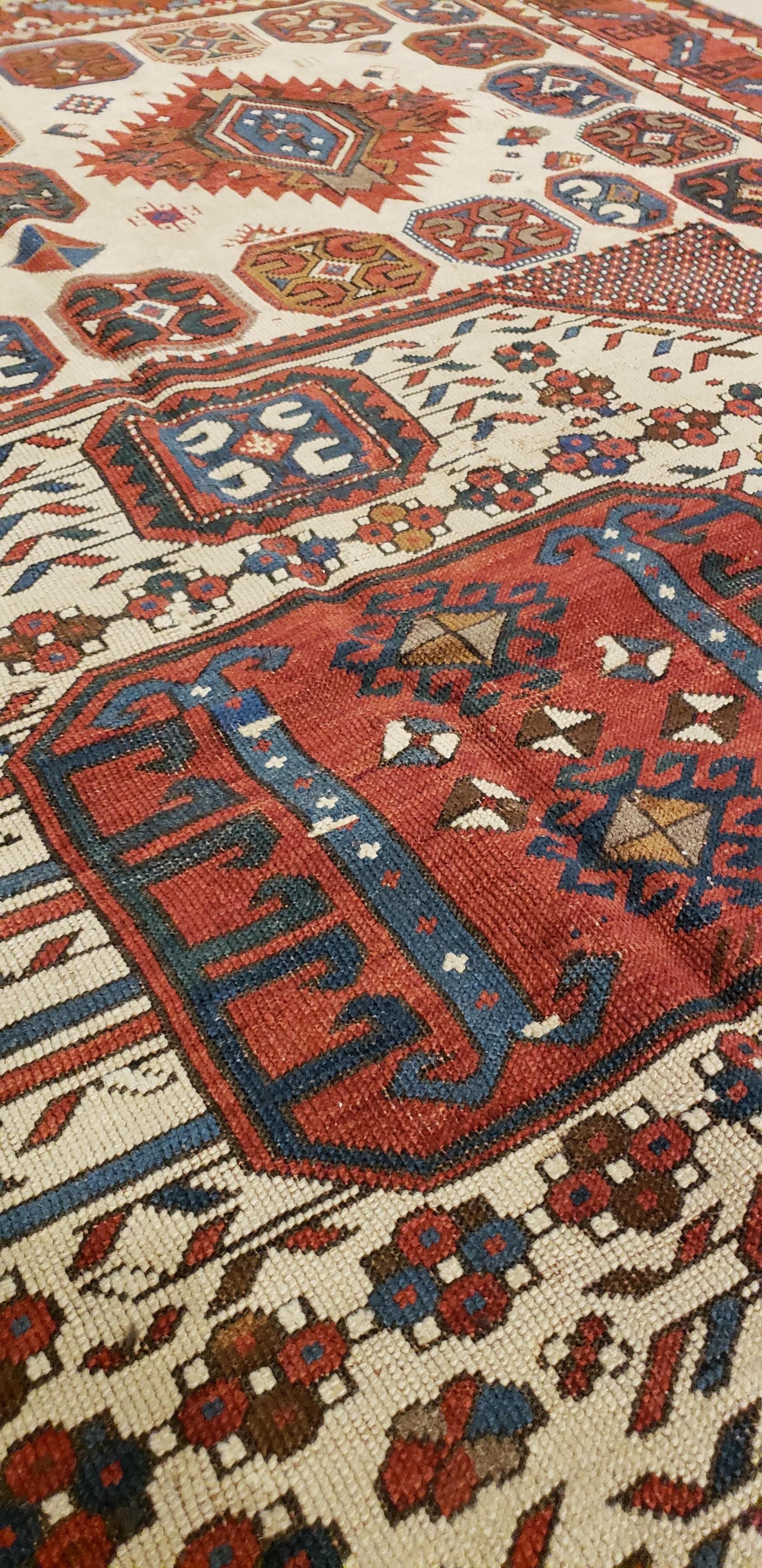 19th Century Antique Karachov Kazak Carpet, Handmade Wool, Rust, Ivory, Blue and Geometric For Sale