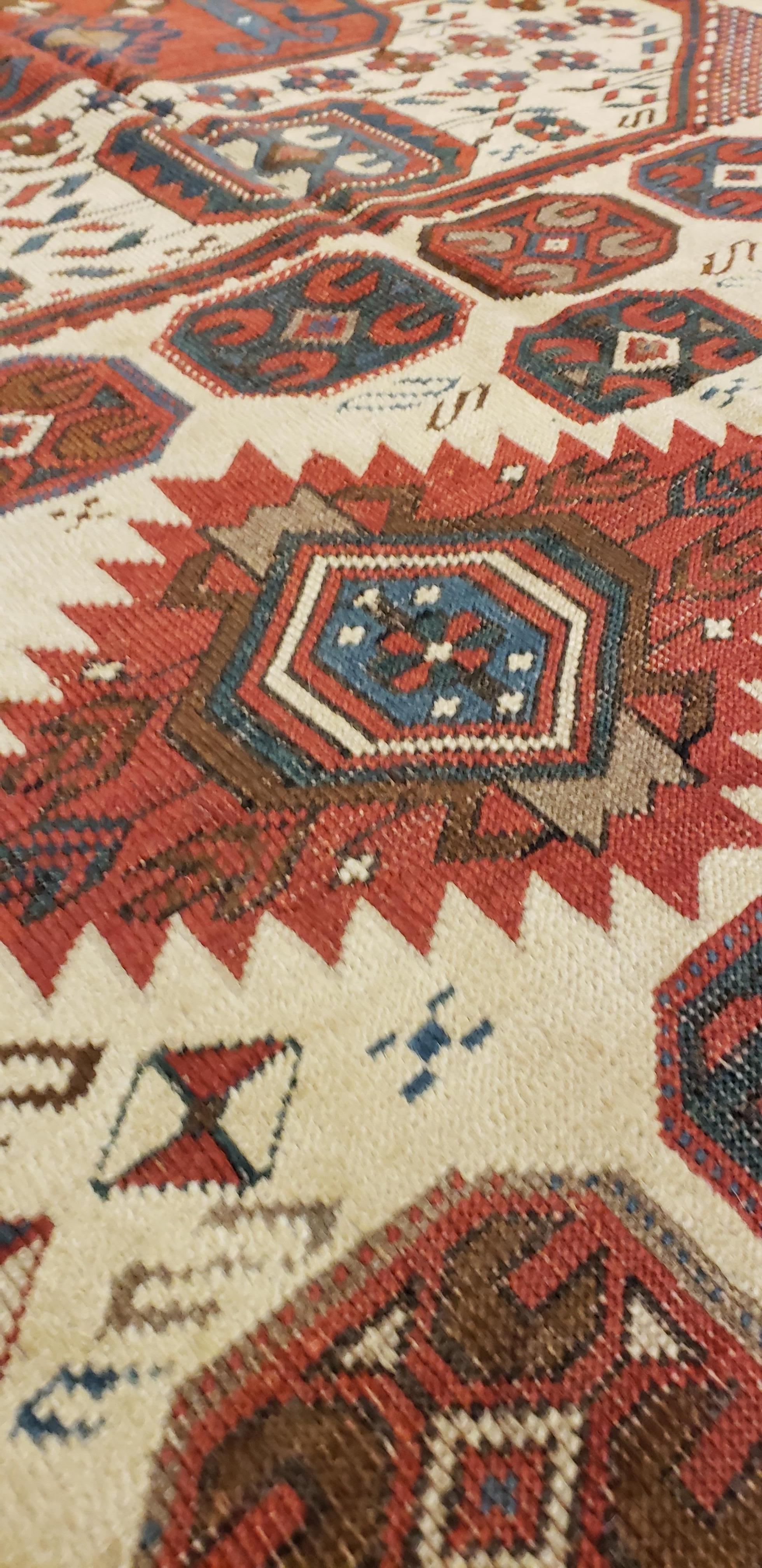 Antique Karachov Kazak Carpet, Handmade Wool, Rust, Ivory, Blue and Geometric For Sale 1