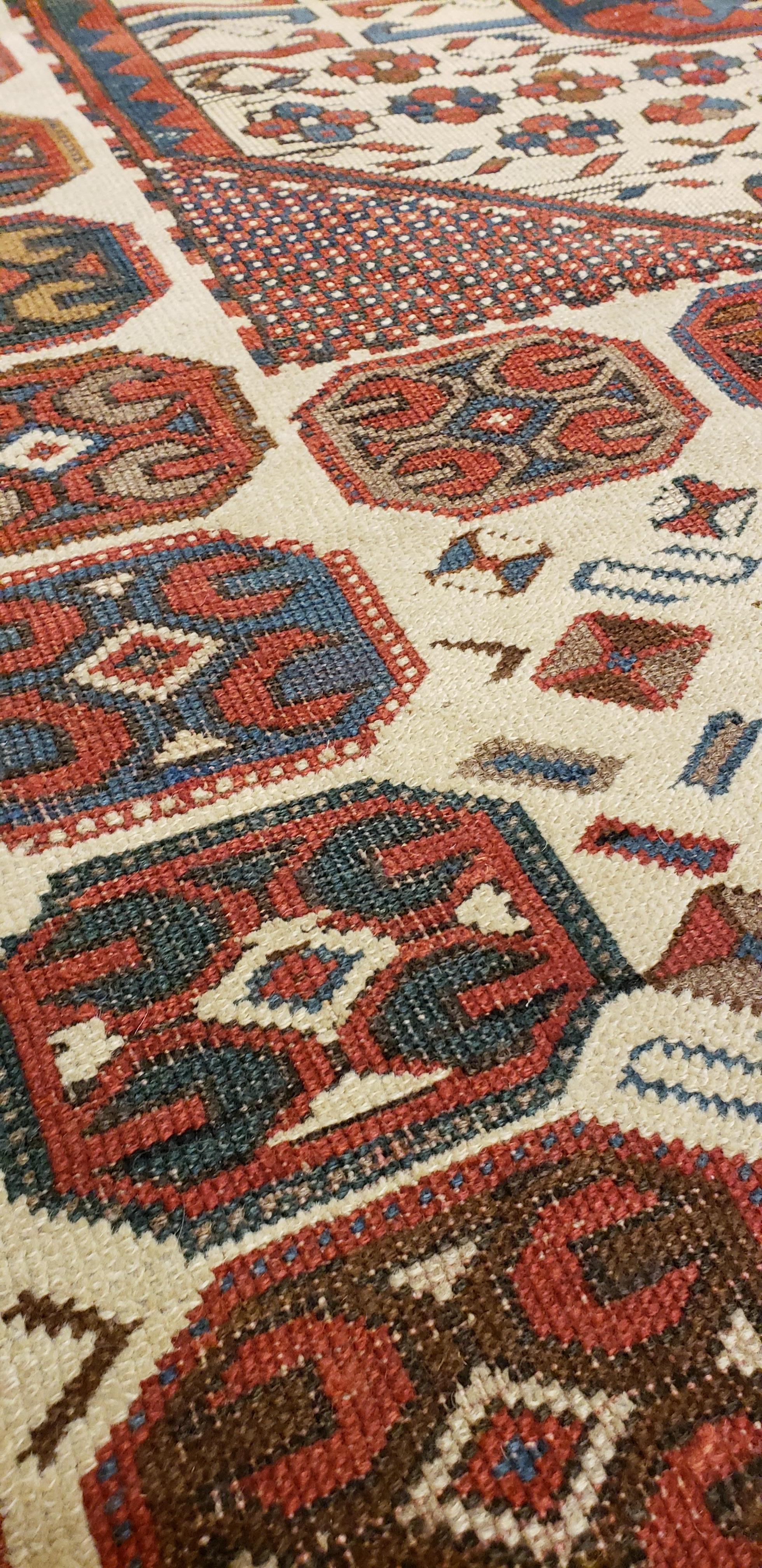Antique Karachov Kazak Carpet, Handmade Wool, Rust, Ivory, Blue and Geometric For Sale 2