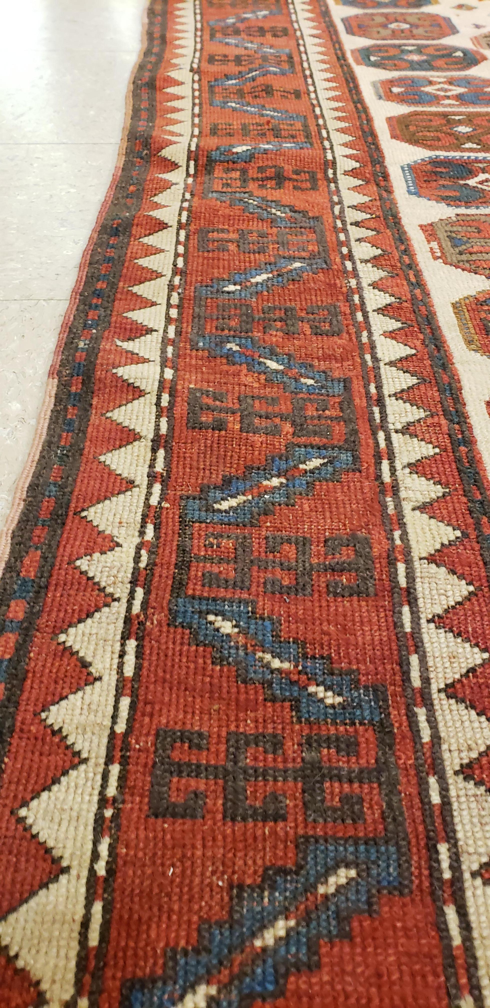 Antique Karachov Kazak Carpet, Handmade Wool, Rust, Ivory, Blue and Geometric For Sale 3
