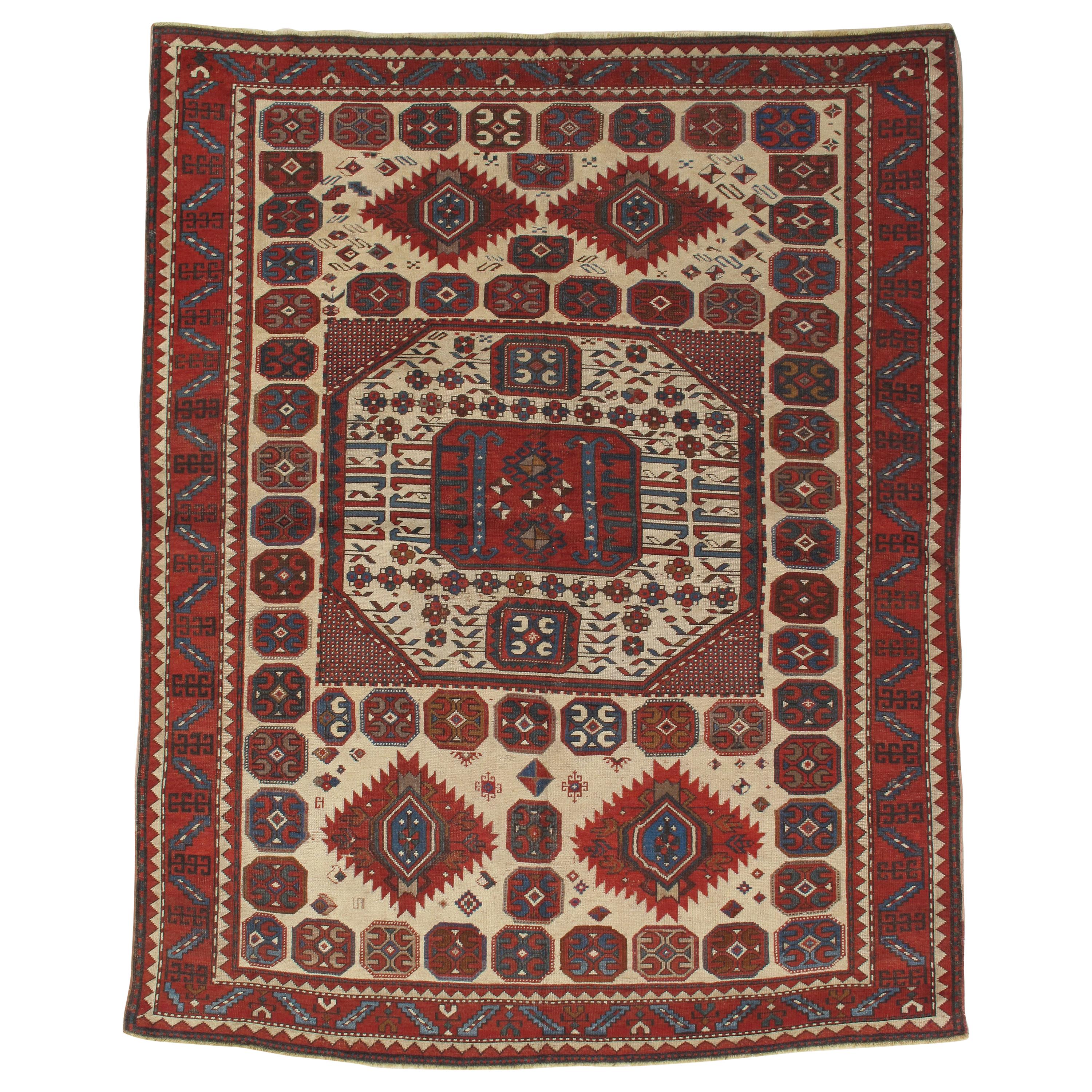 Tapis Kazak antique Karachov, laine faite à la main, rouille, ivoire, bleu et géométrique