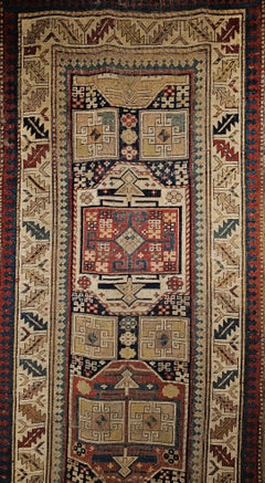 Antique Karachov Kazak Runner, Hand-Woven Wool, Caucasus, Late 1800s