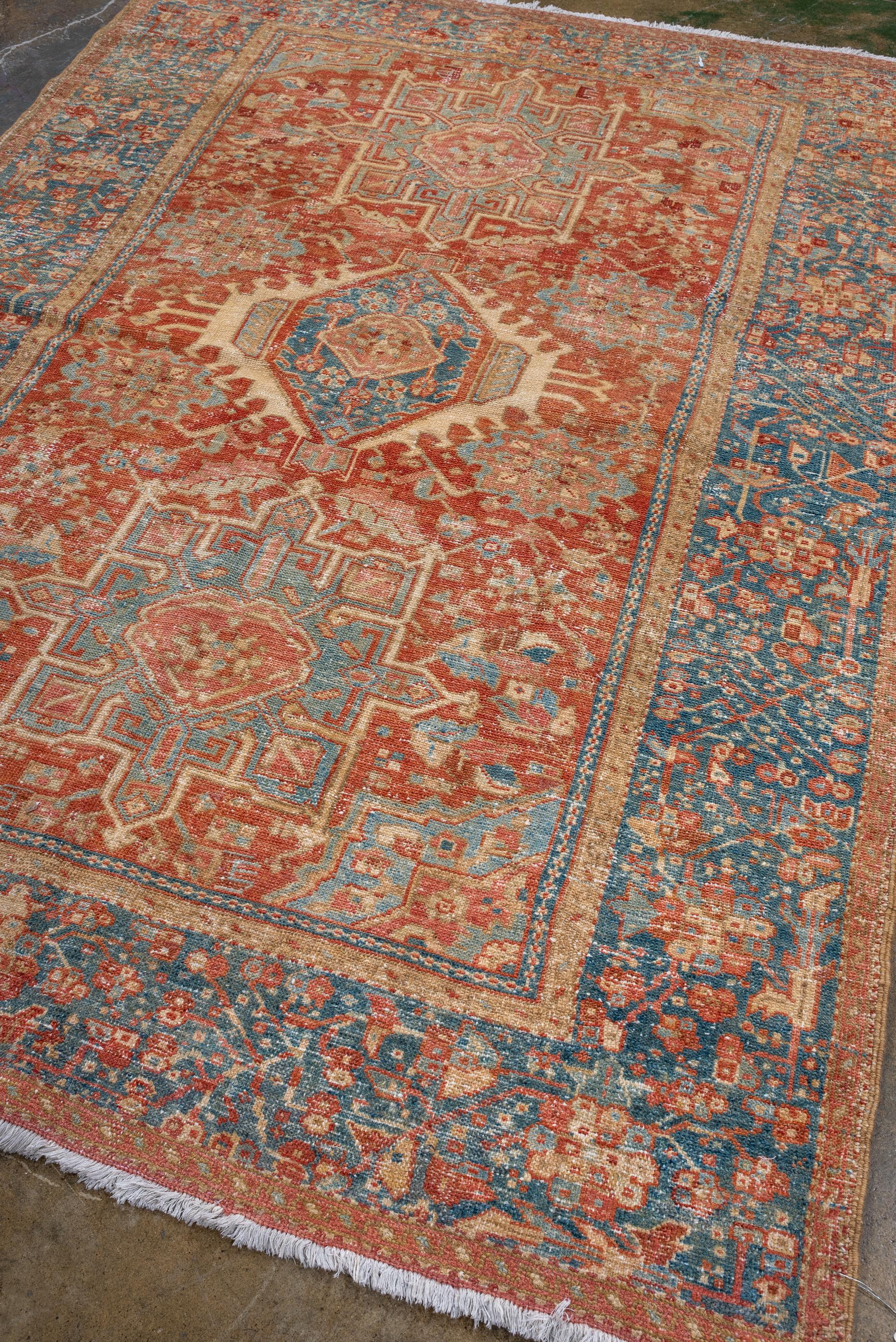 Persian Antique Karaje Serapi with Red Field and Green and Blue Medallions