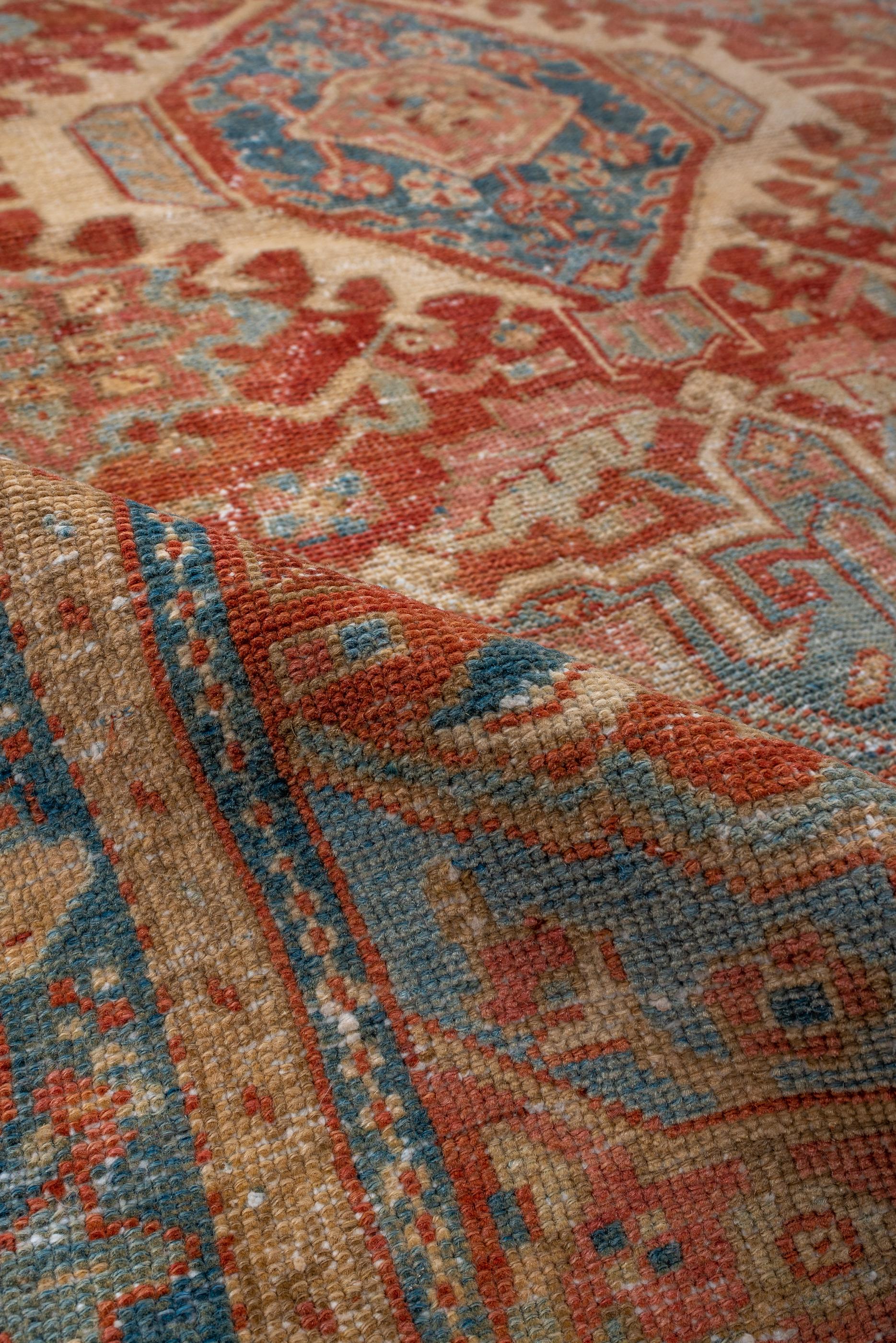 Wool Antique Karaje Serapi with Red Field and Green and Blue Medallions
