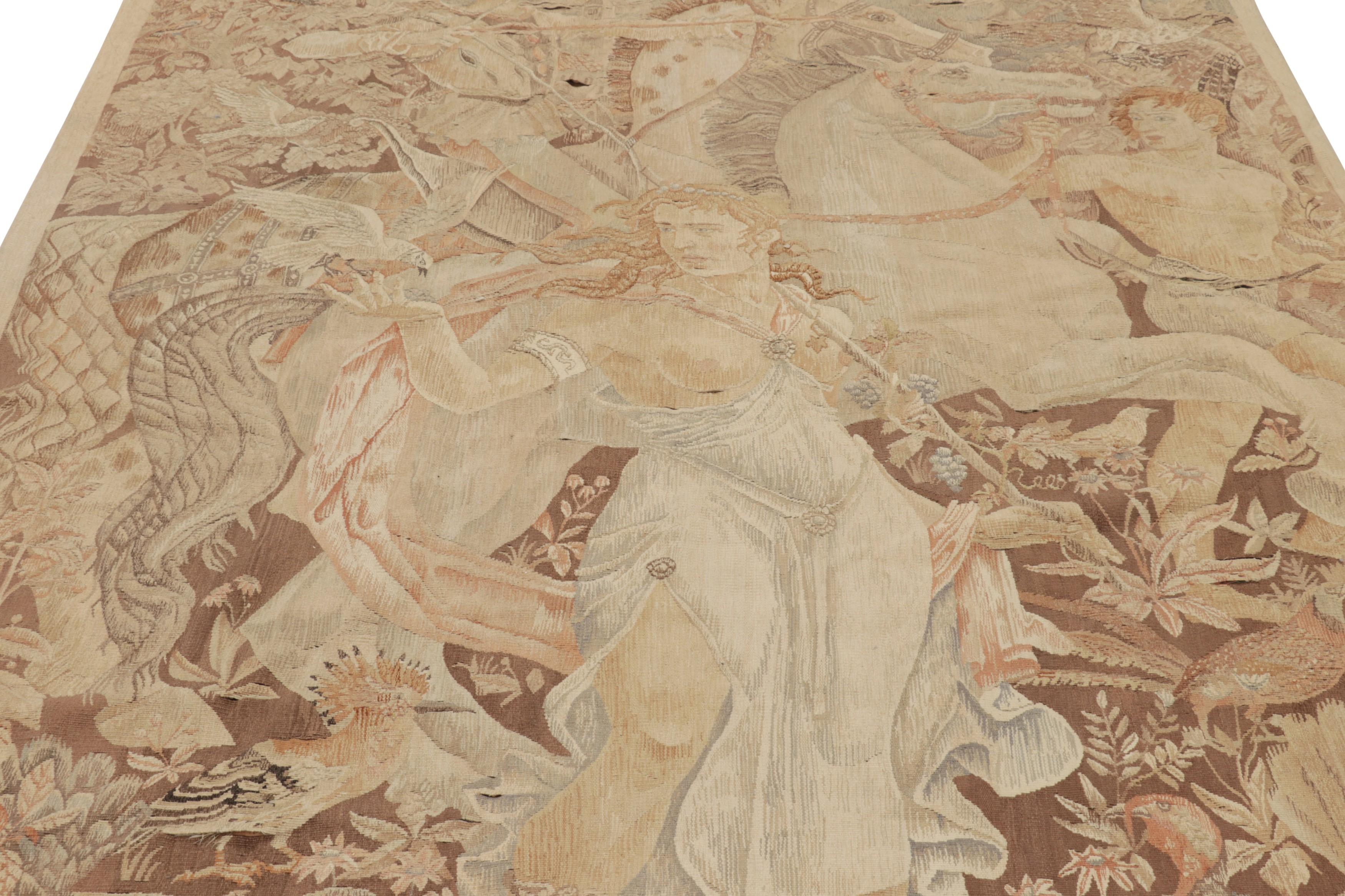 Hand knotted in wool circa 1940-50, this 6x9 antique Karl Gries tapestry is an especially rare and exciting new curation from Rug & Kilim’s collection of European narrative textiles. 

On the Design: 

Dating to the 1940s, this piece exemplifies the