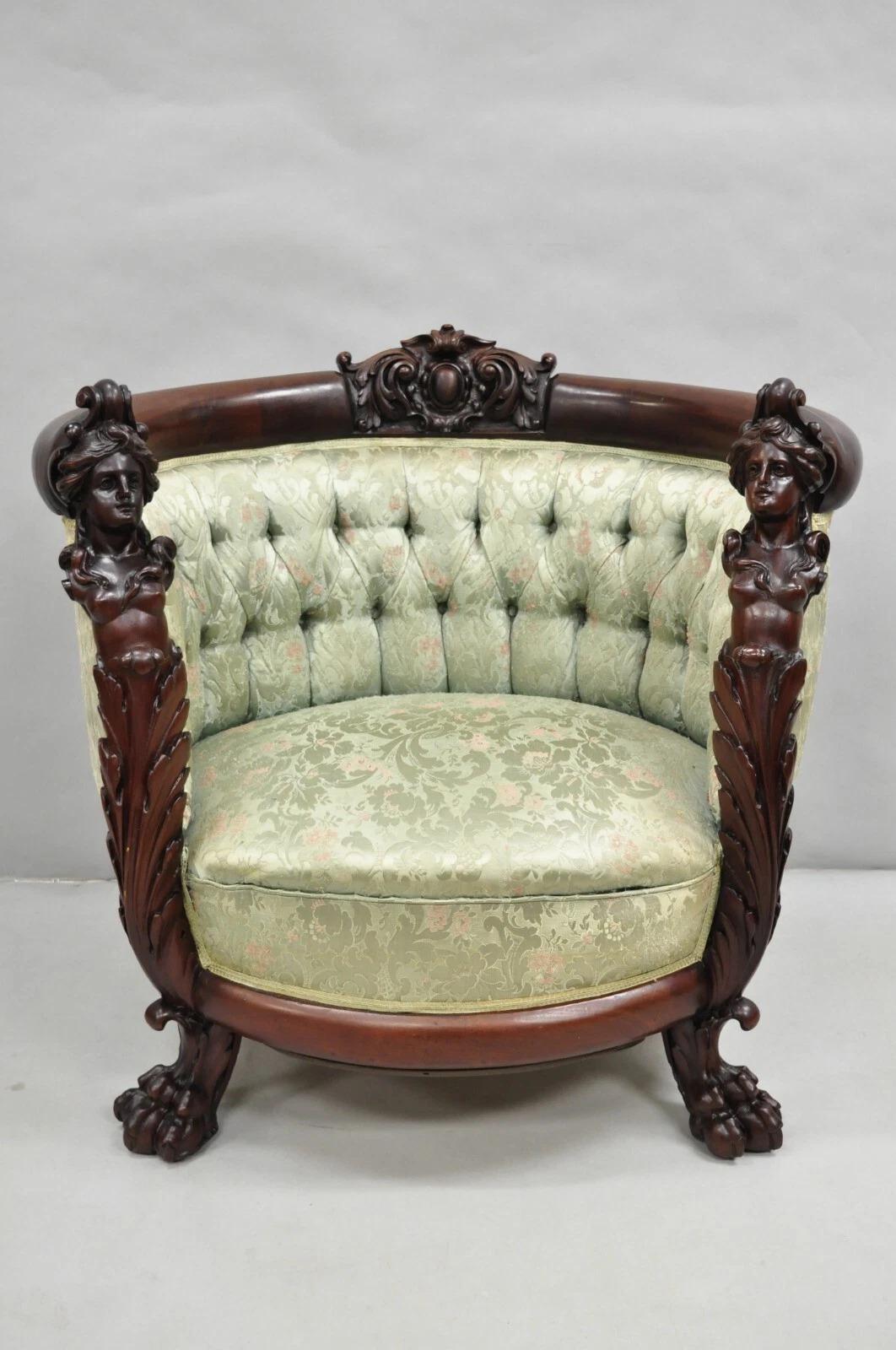 Antique Karpen Victorian Rococo Figural Maiden Carved Mahogany Parlor Club Chair en vente 6