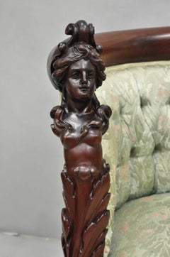 Antique Karpen Victorian Rococo Figural Maiden Carved Mahogany Parlor Club Chair