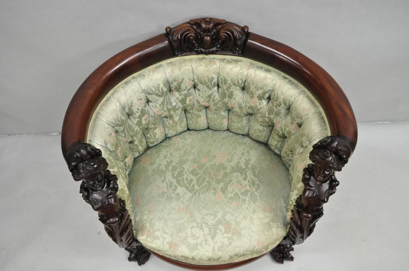 Inconnu Antique Karpen Victorian Rococo Figural Maiden Carved Mahogany Parlor Club Chair en vente