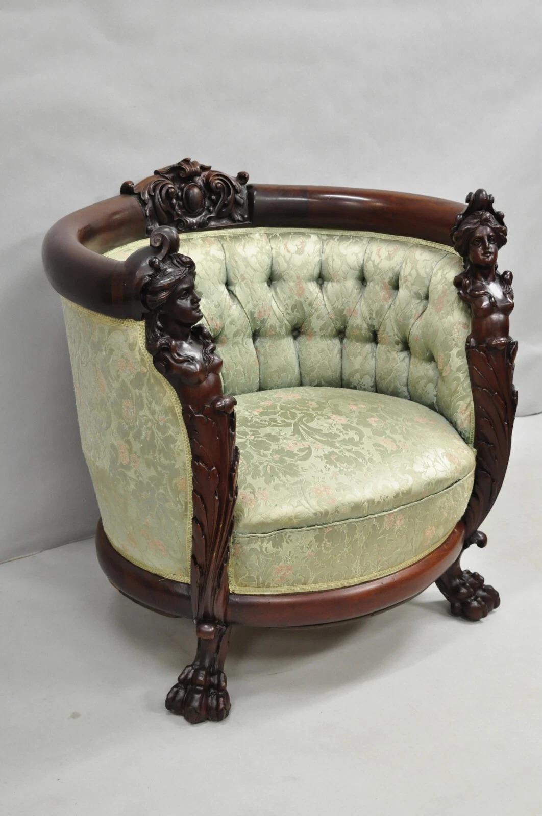 Antique Karpen Victorian Rococo Figural Maiden Carved Mahogany Parlor Club Chair Bon état - En vente à Philadelphia, PA