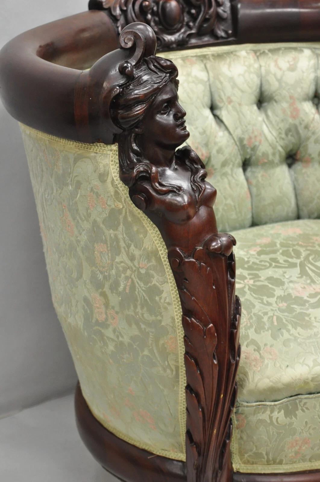 XIXe siècle Antique Karpen Victorian Rococo Figural Maiden Carved Mahogany Parlor Club Chair en vente