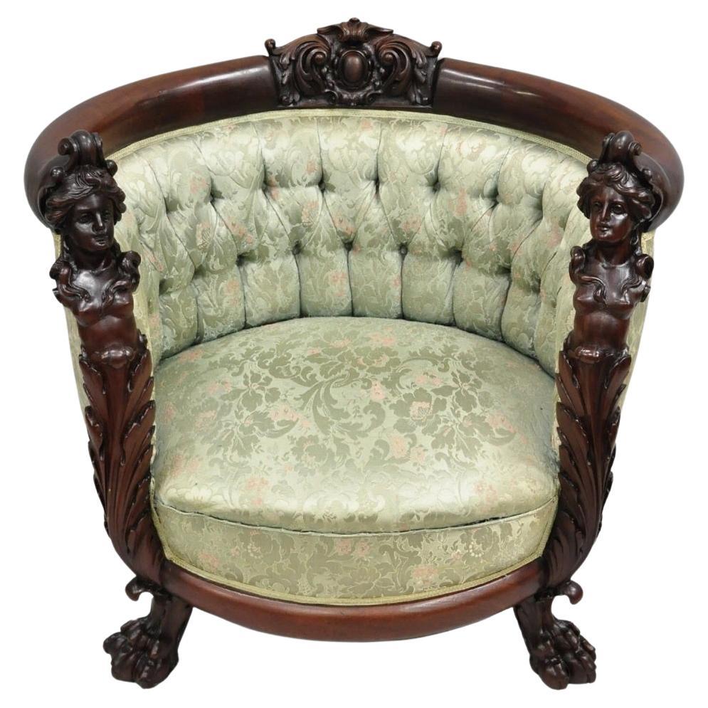 Antique Karpen Victorian Rococo Figural Maiden Carved Mahogany Parlor Club Chair