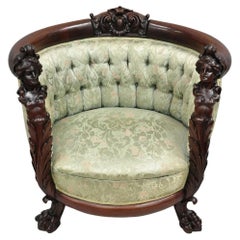 Antique Karpen Victorian Rococo Figural Maiden Carved Mahogany Parlor Club Chair