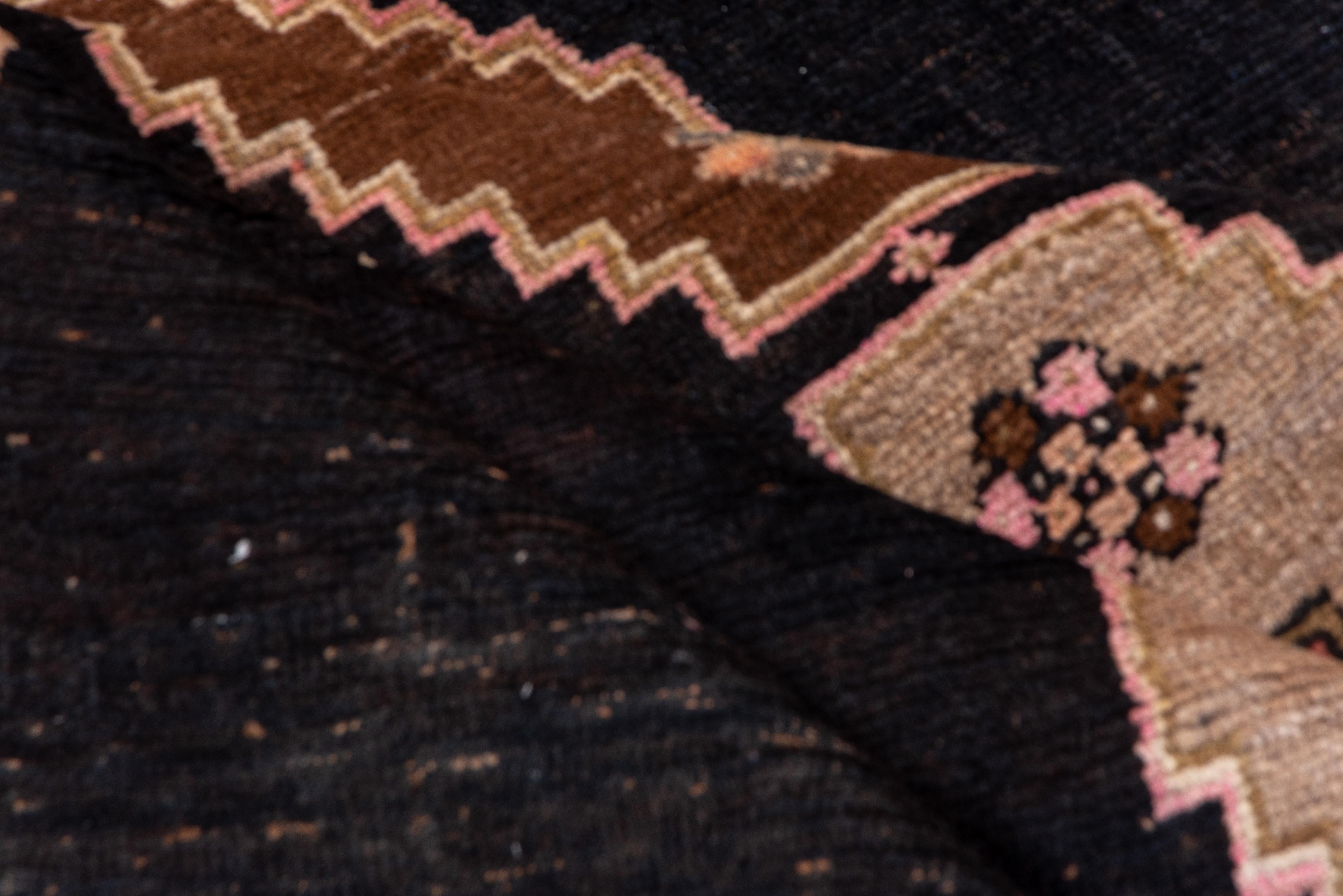 Mid-20th Century Antique Kars Rug, Black Field with Animal Motifs and People Motifs, Pink Accents For Sale