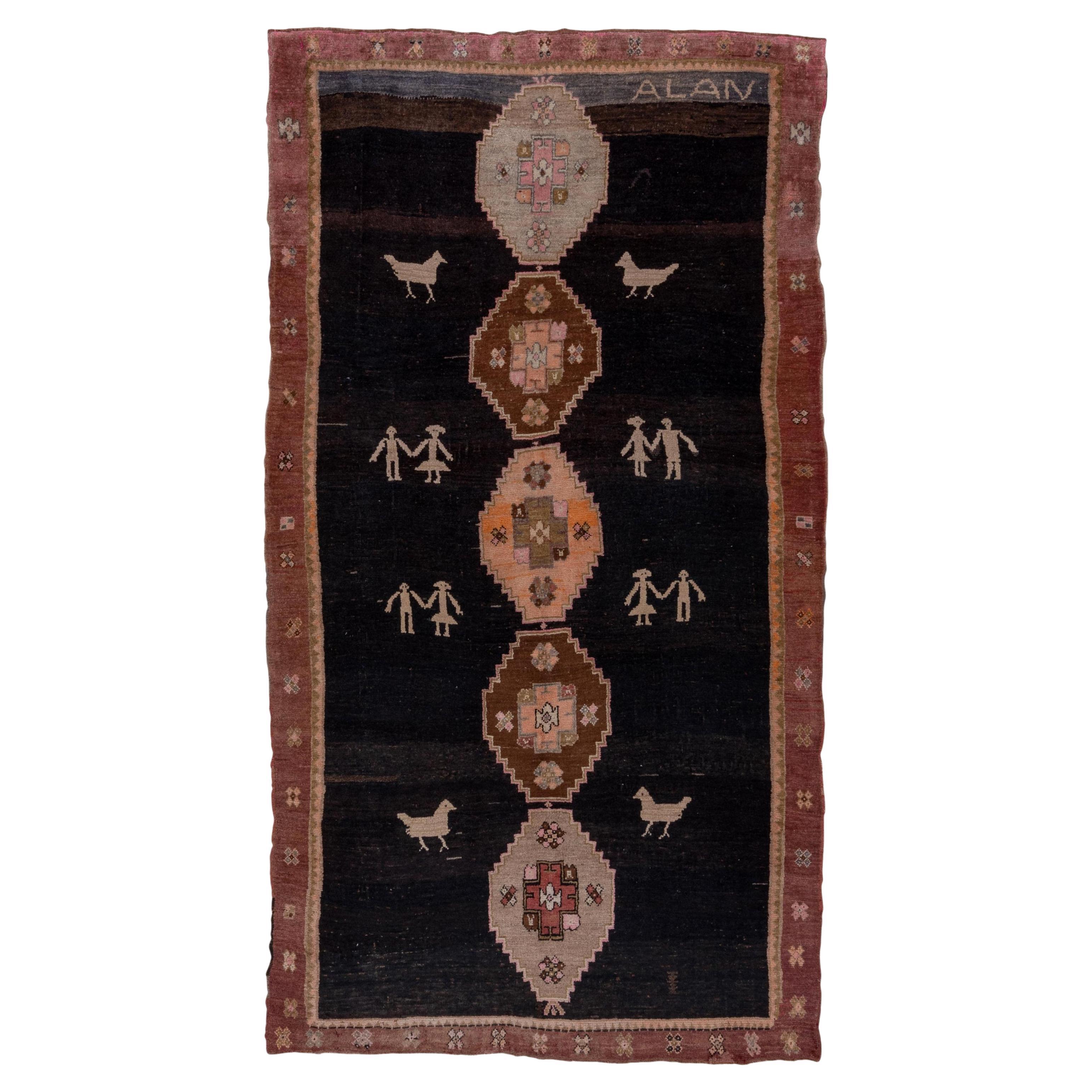 Antique Kars Rug, Black Field with Animal Motifs and People Motifs, Pink Accents