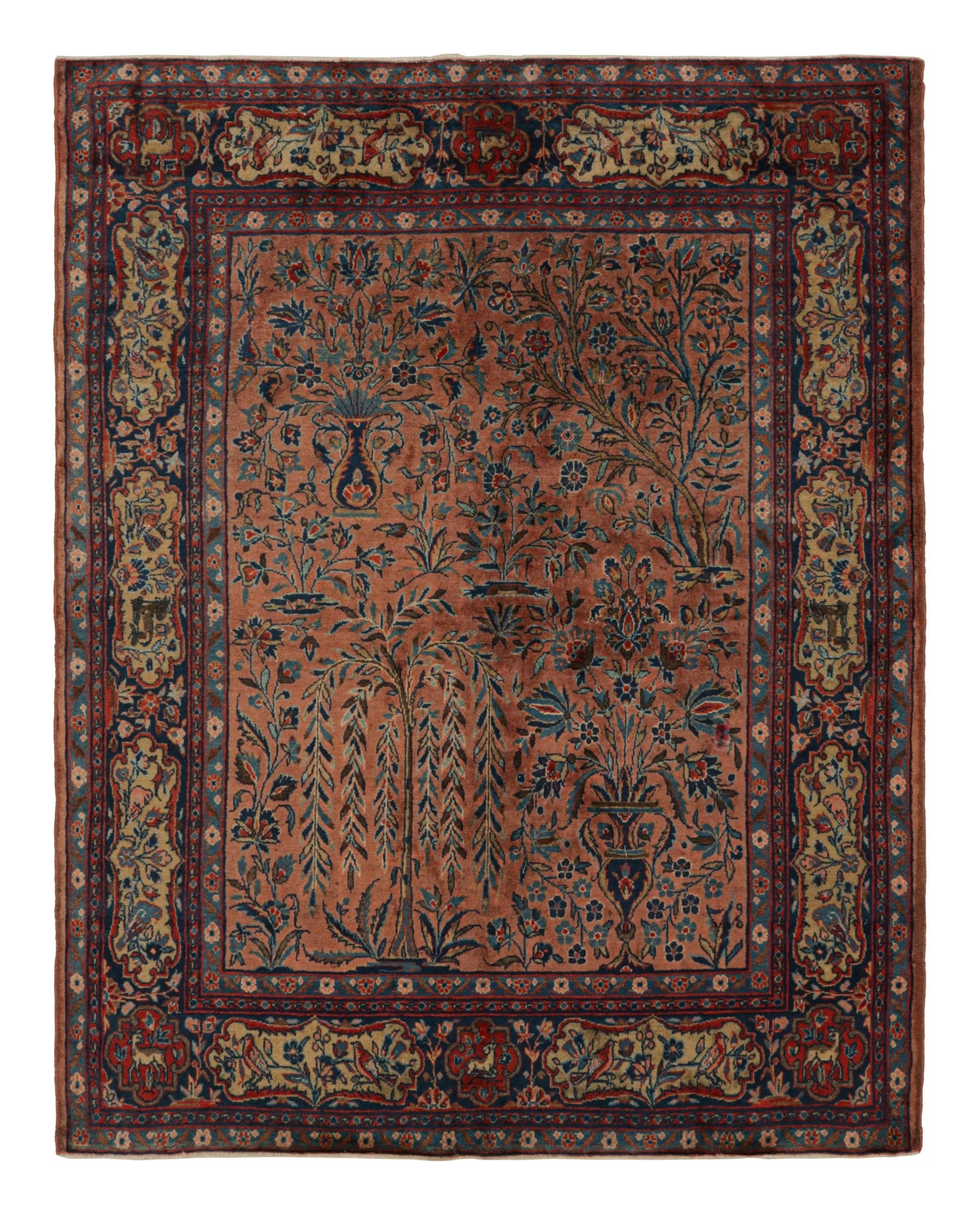 Antiker persischer Kashan-Teppich mit Bild- und Blumenmustern, von Rug & Kilim 