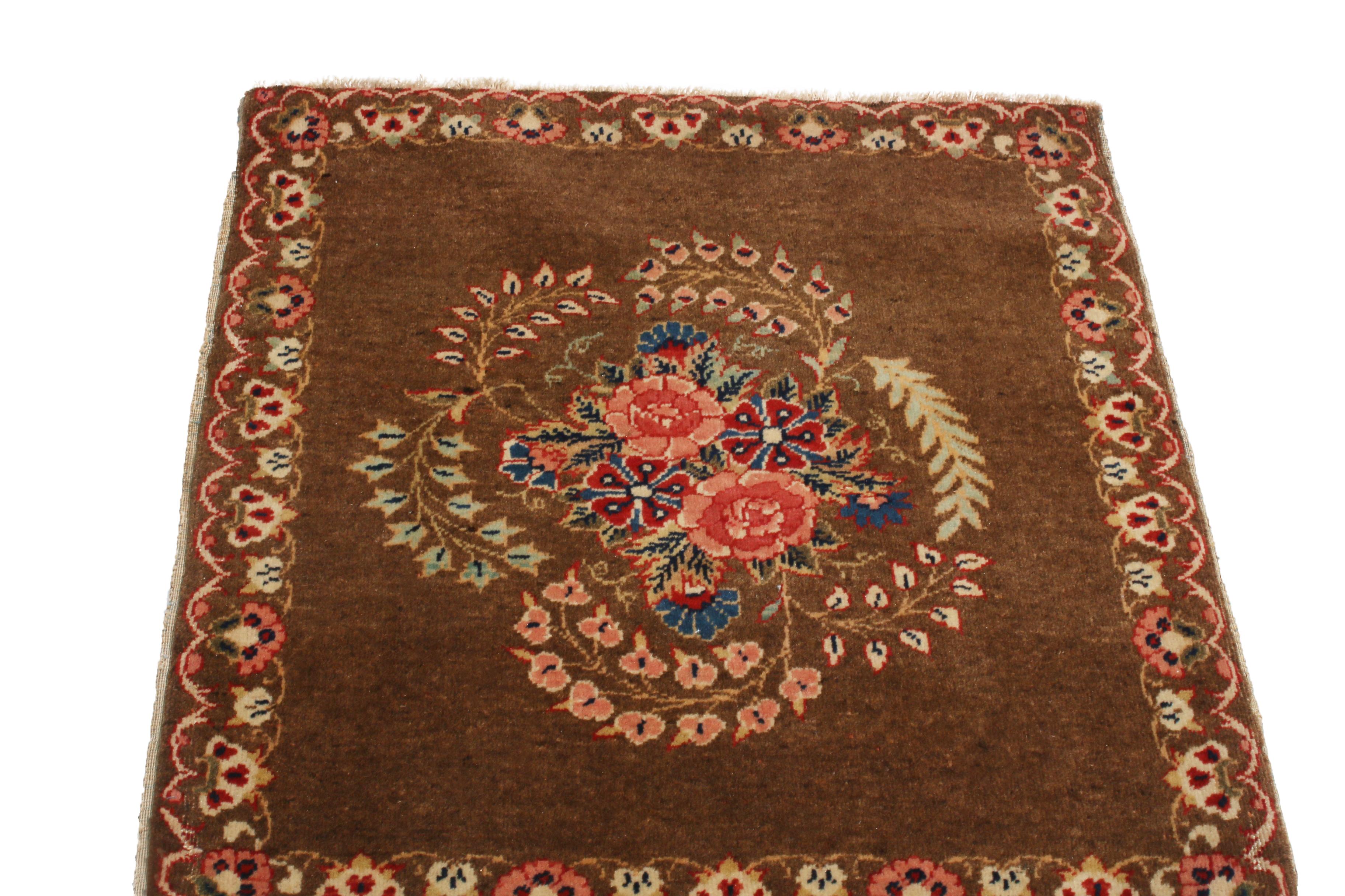 Hand-Knotted Antique Kashan Brown l Wool Persian Rug with Floral Medallion 