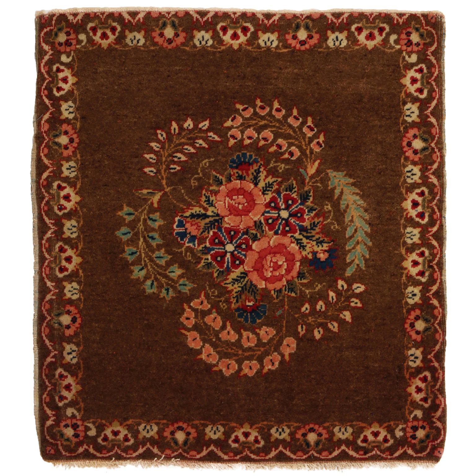 Antique Kashan Brown Wool Persian Rug with Floral Medallion