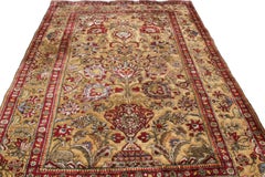 Antique Kashan Burgundy and Golden-Beige Silk Persian Rug