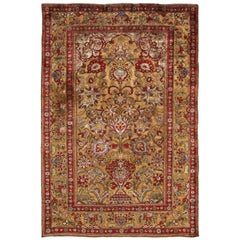 Antique Kashan Burgundy and Golden-Beige Silk Persian Rug