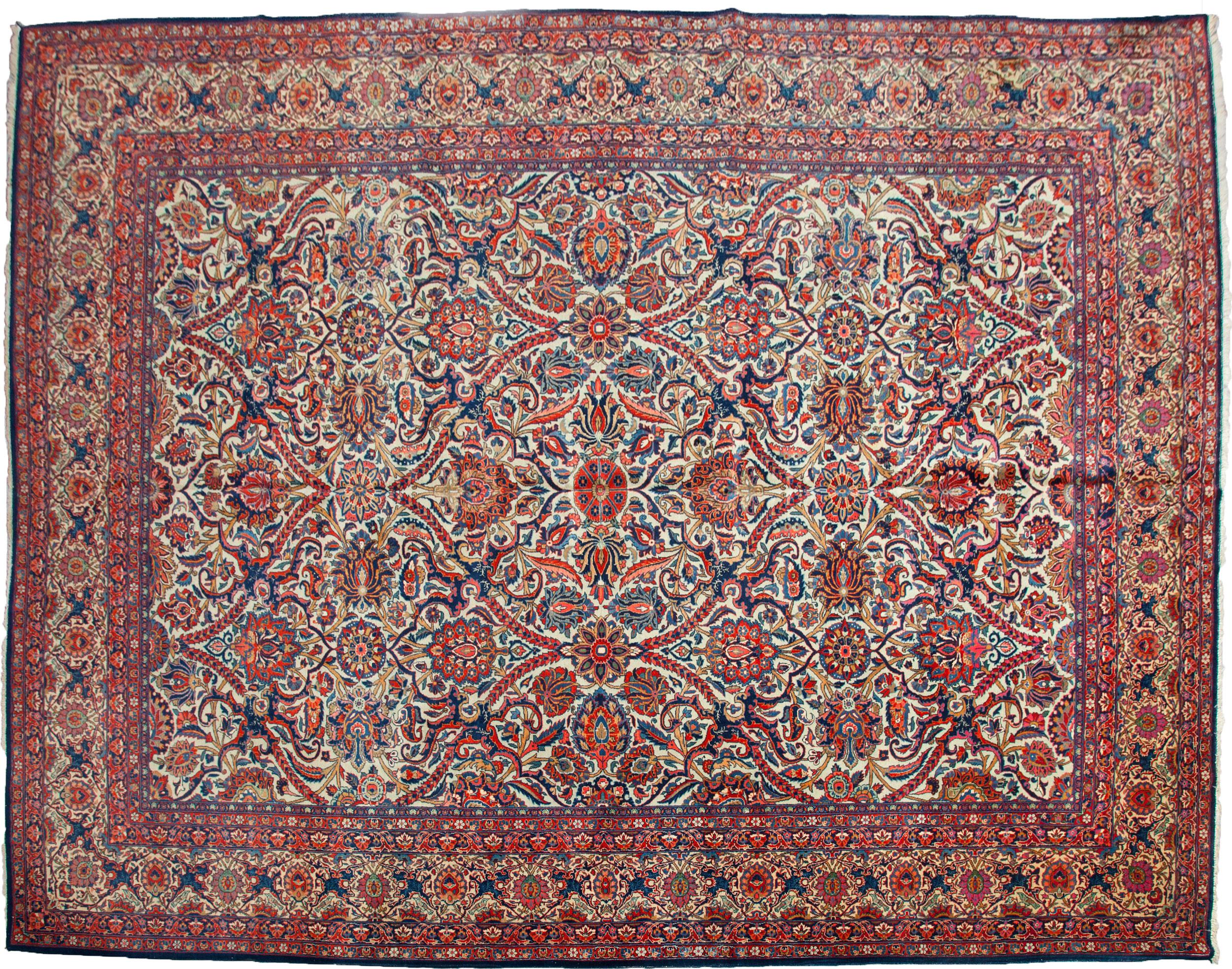 Antiker Qazvin-Teppich
Dabir war einer der berühmtesten Weber in Kashan. Es gibt nur noch wenige Stücke aus seiner Werkstatt, und die verbleibenden sind sehr begehrt. Er ist sehr bekannt für die Qualität seiner Teppichdesigns und Farbkombinationen