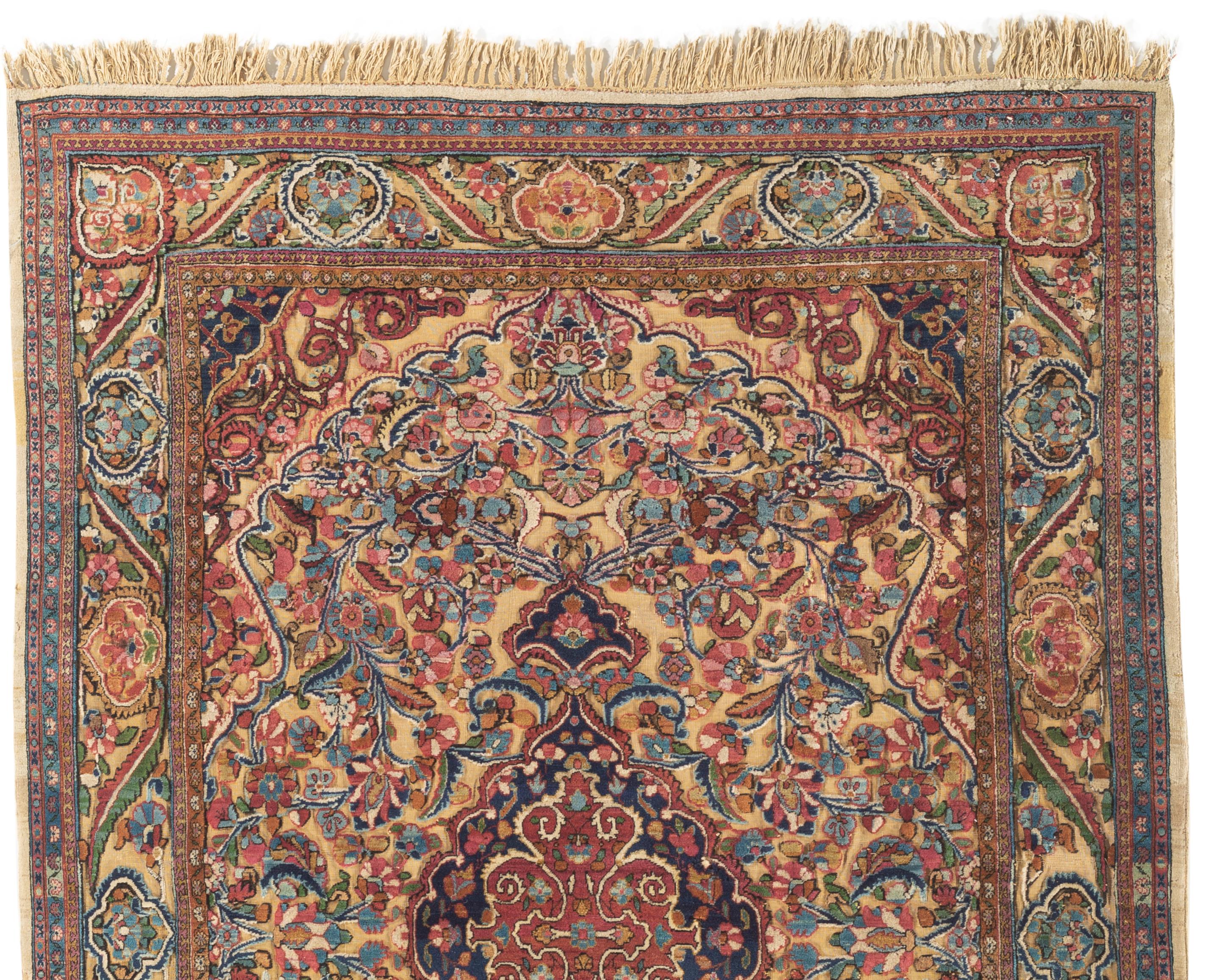 Antique Kashan Embossed rug, circa 1900. An unusual extremely fine rug with the main central pattern embossed and raised to create a spectacular look to this piece. Ideal as a wall hanging. Size: 4'2 x 6'7.