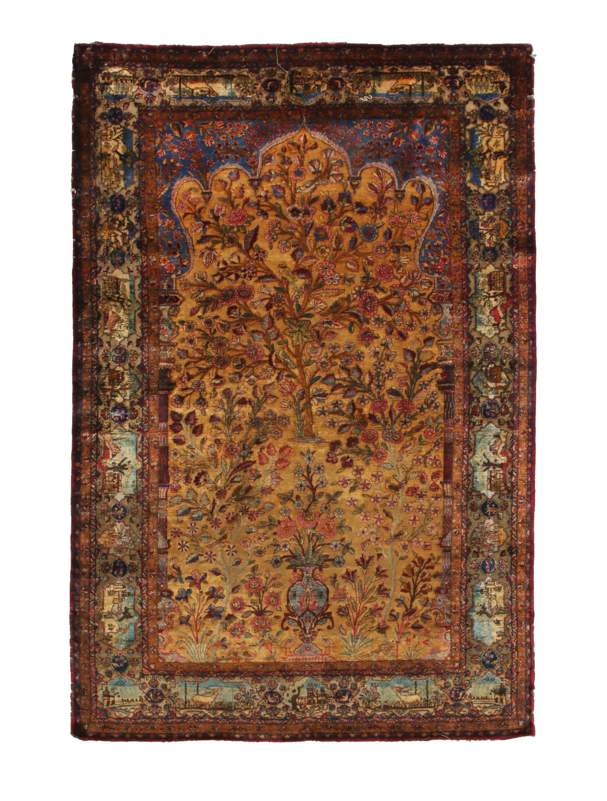 Originating from Persia between 1880-1900, this traditional antique Kashan rug utilizes brilliant hand knotted silk to accent a variety of lively colourways complementing its size and intricacy. The bold but graceful floral and animal imagery of the