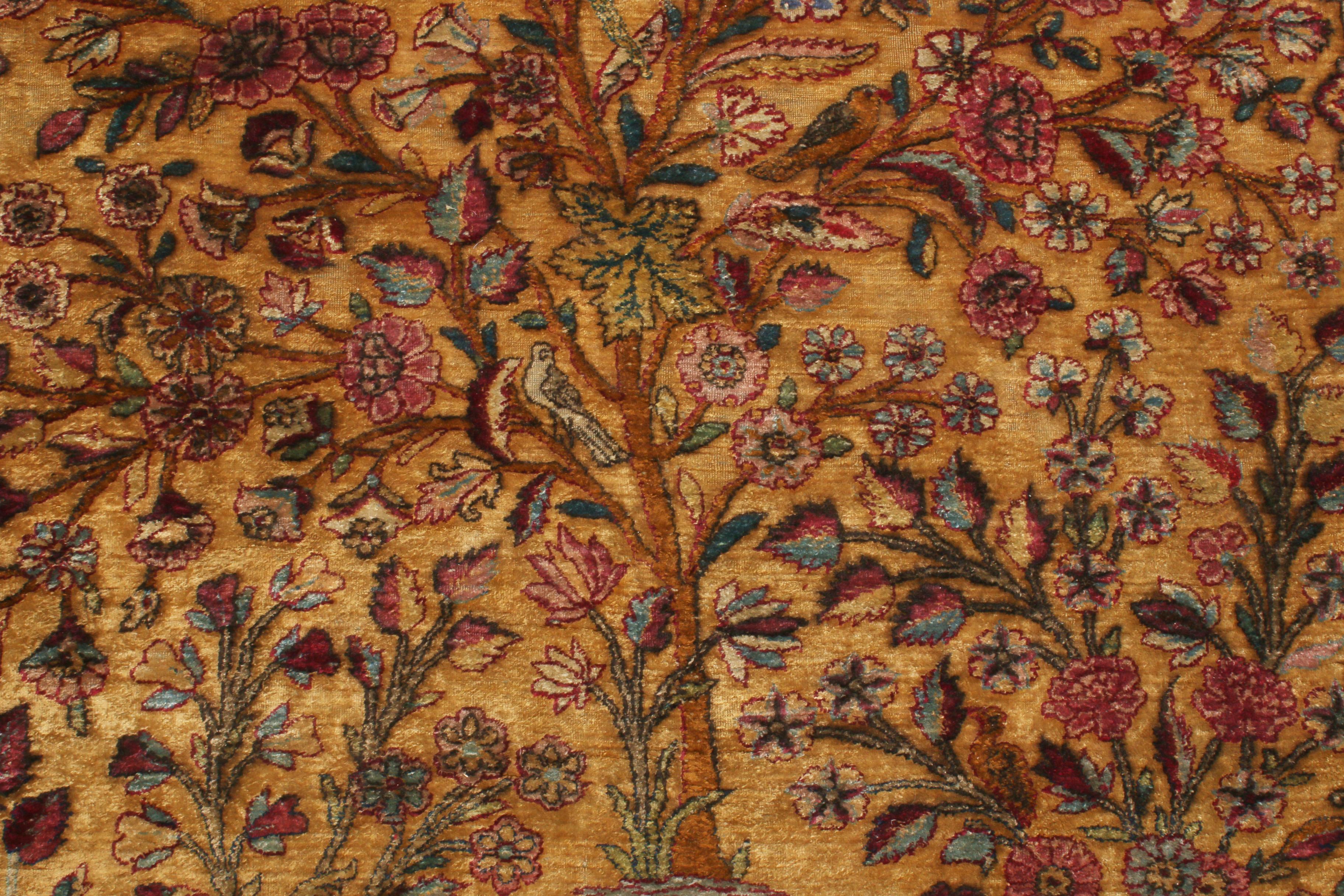 Late 19th Century Kashan Golden-Brown and Blue Silk Persian Rug with Unique Floral Medallion