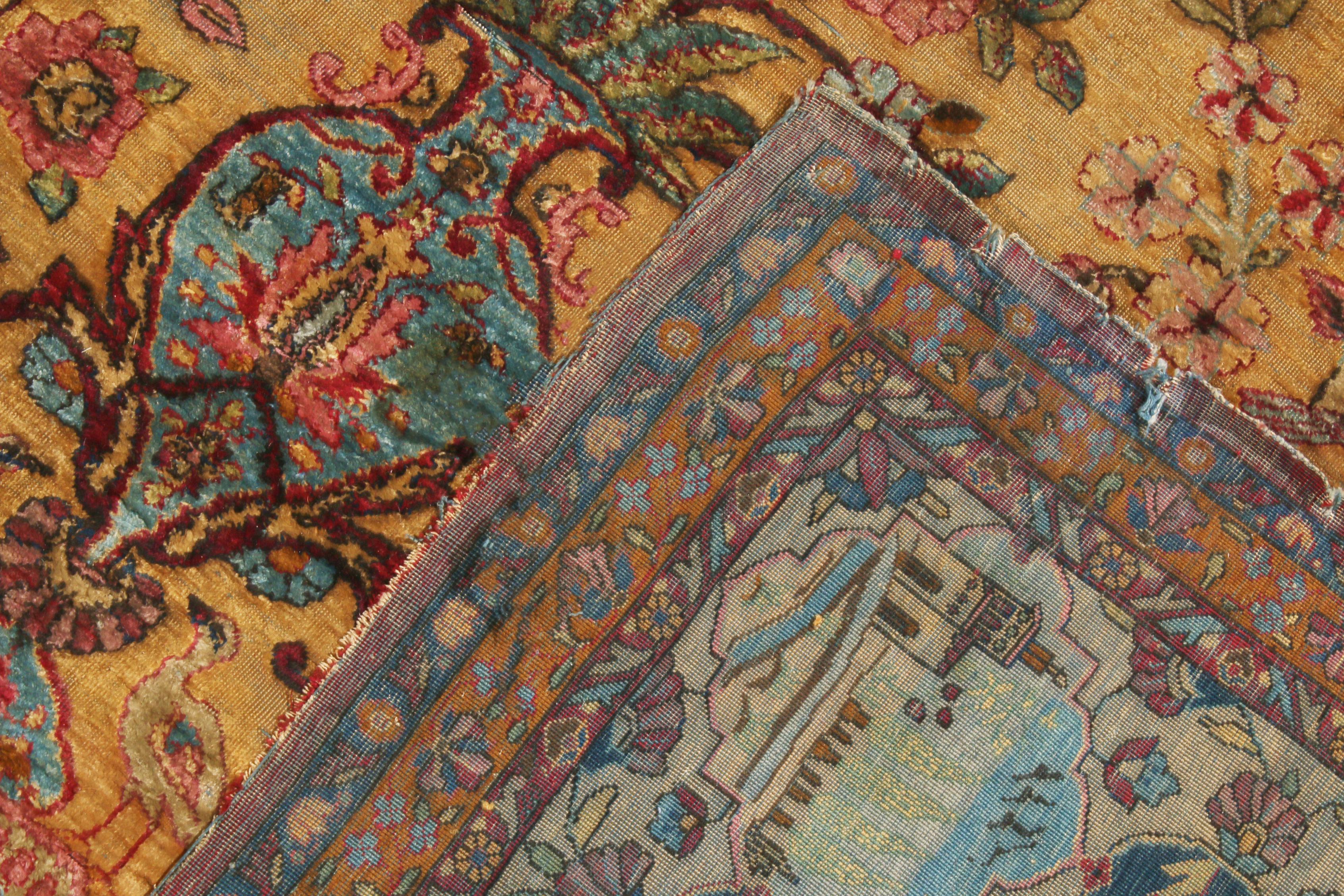 Kashan Golden-Brown and Blue Silk Persian Rug with Unique Floral Medallion 3