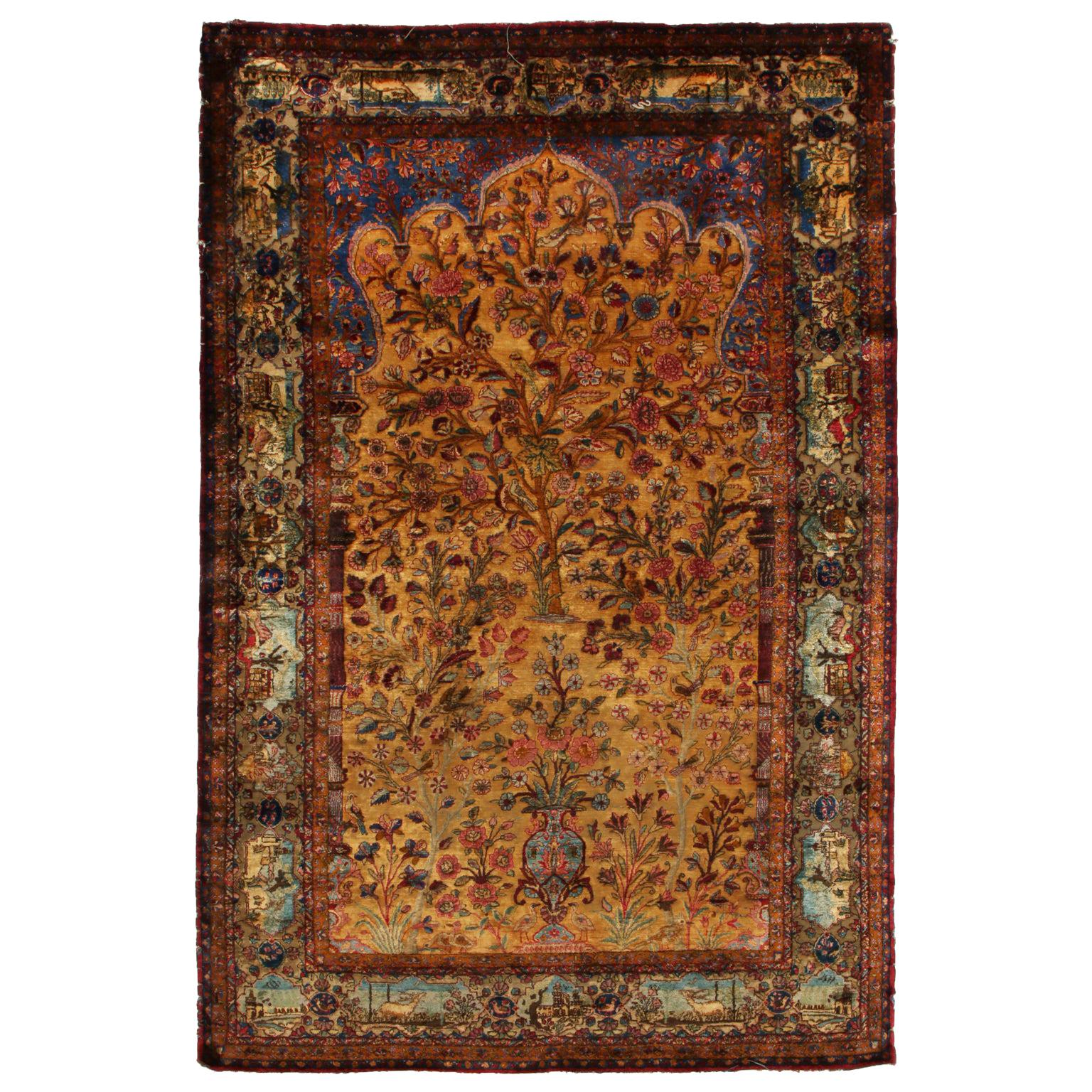 Kashan Golden-Brown and Blue Silk Persian Rug with Unique Floral Medallion