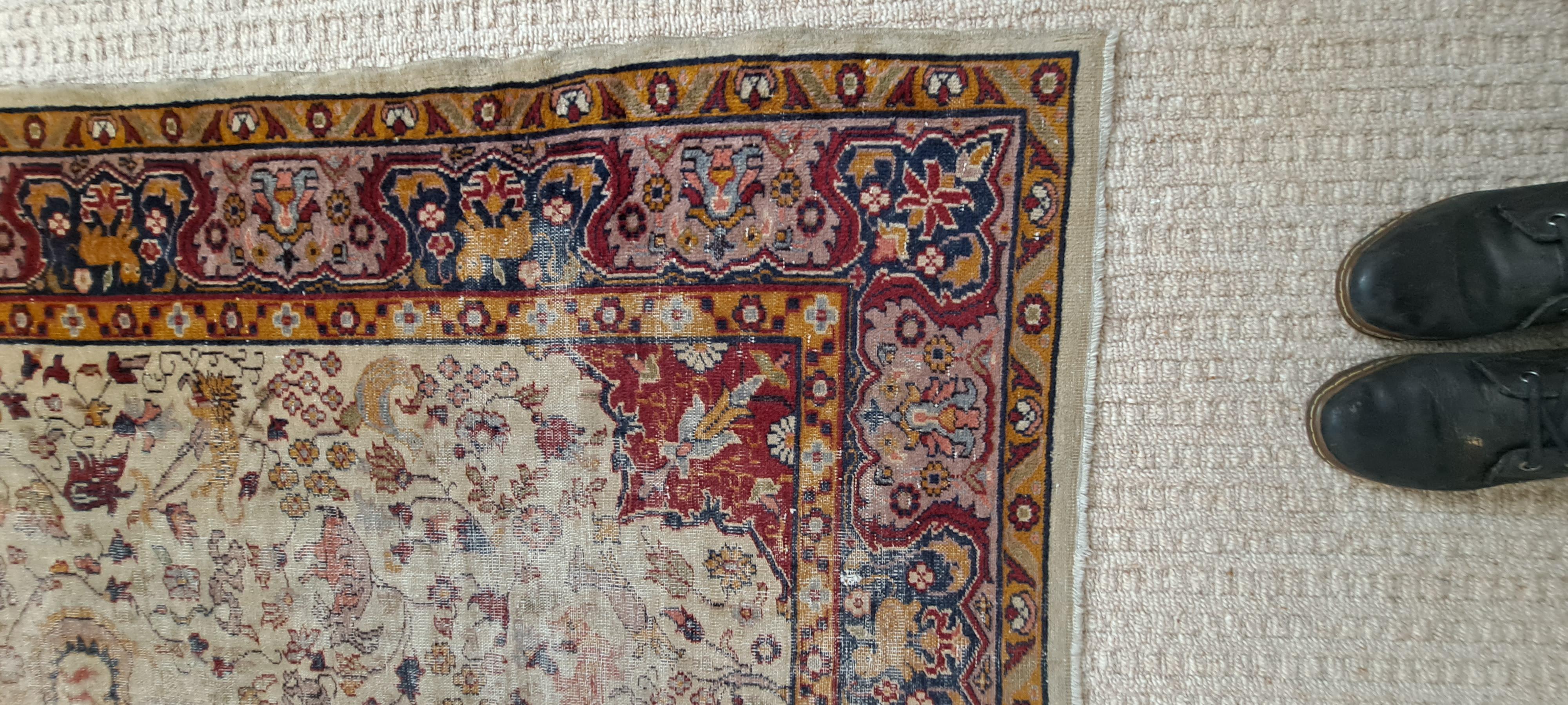 Antique Kashan Handwoven Silk Rug   In Fair Condition For Sale In San Francisco, CA