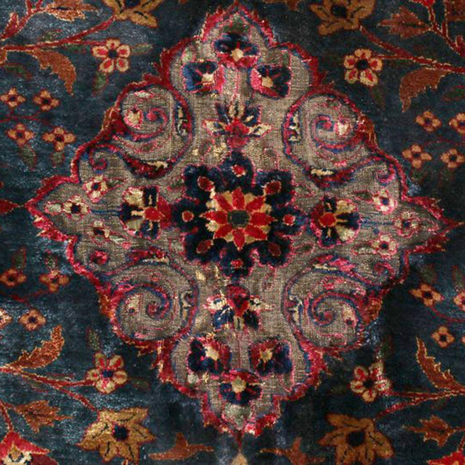 Hand-Knotted Antique Kashan Medallion Style Blue Silk-Metallic Persian Rug For Sale