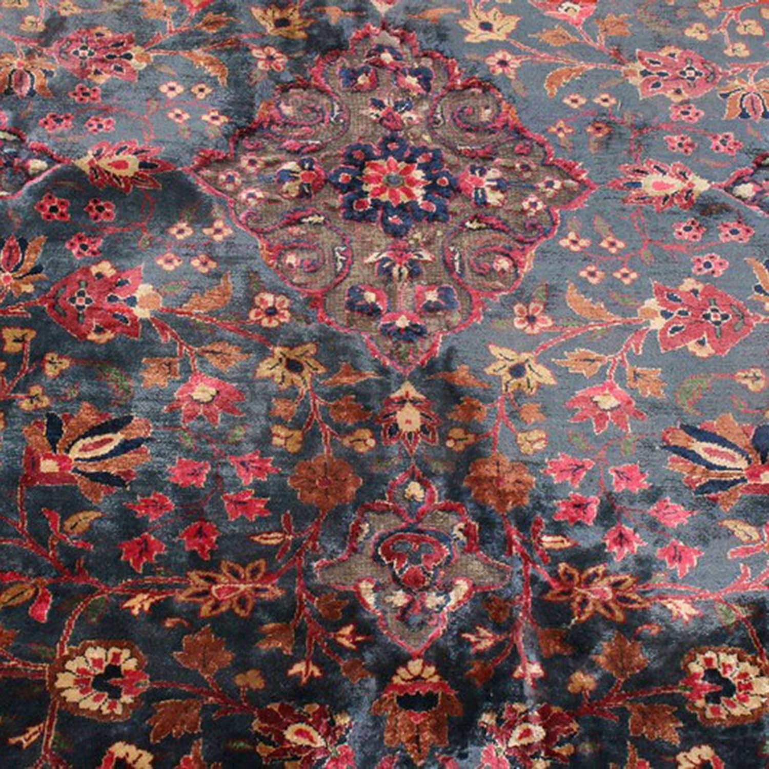 Early 20th Century Antique Kashan Medallion Style Blue Silk-Metallic Persian Rug For Sale