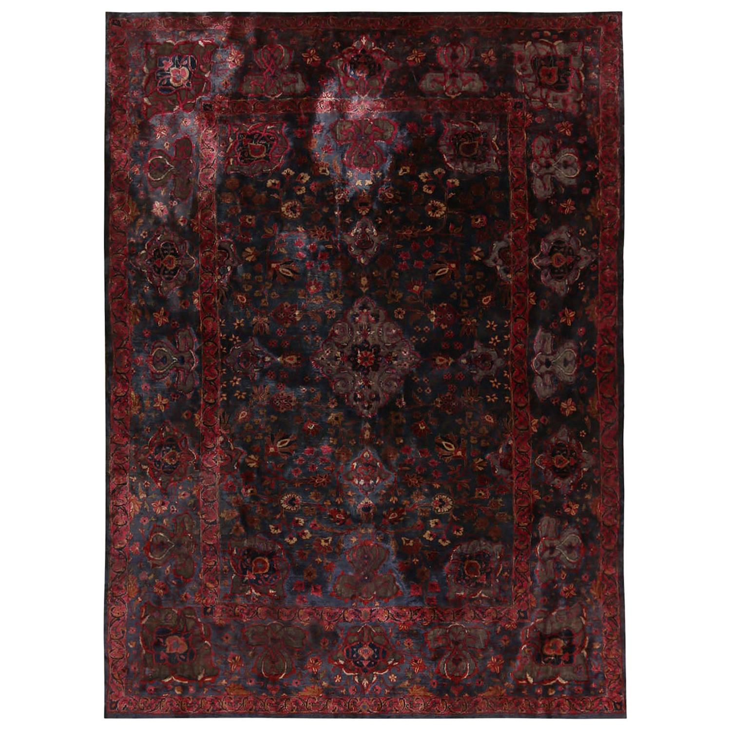 Antique Kashan Medallion Style Blue Silk-Metallic Persian Rug