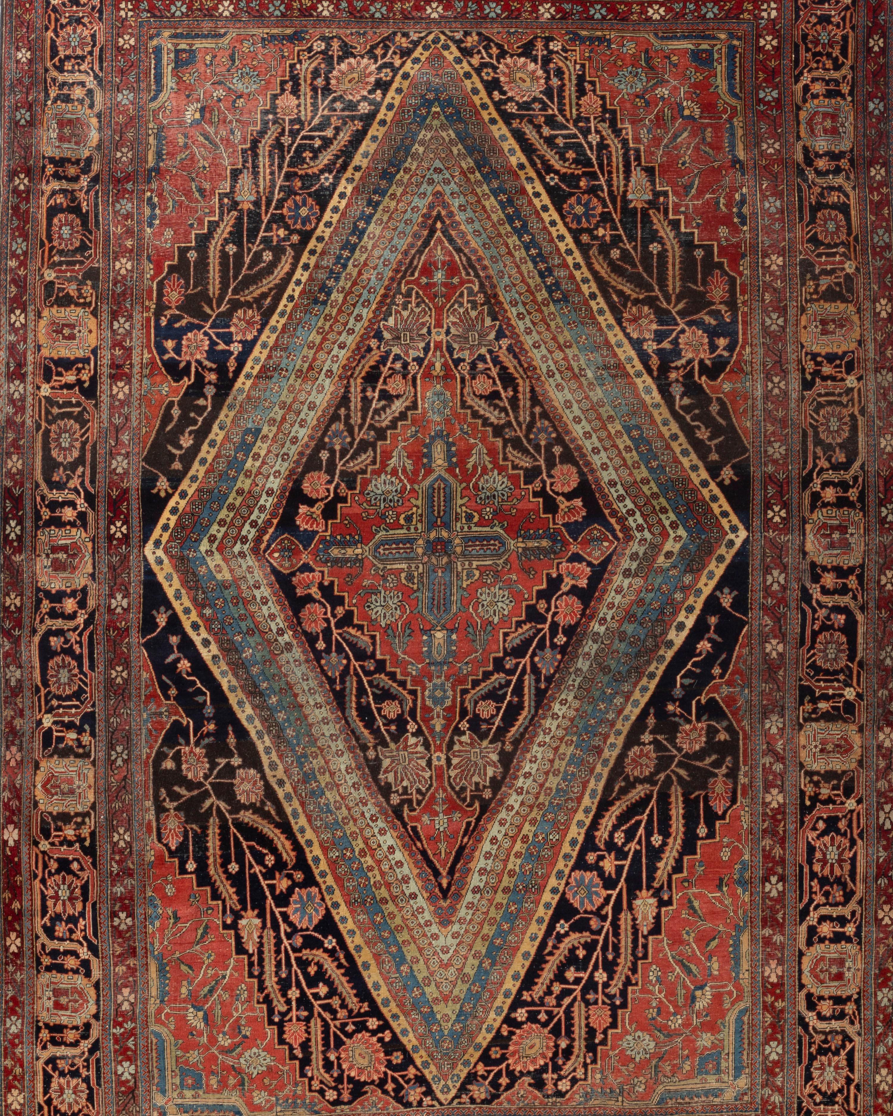 Hand-Woven Traditional Handwoven Luxury Antique Kashan Mohtashem Multi, circa 1880 Area Rug For Sale
