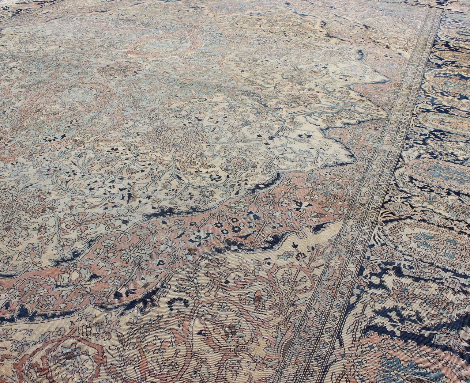 Wool Very Fine Antique Persian Mohtesham Kashan Rug in Tan Background, Blue Border 
