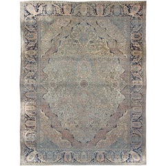 Very Fine Antique Persian Mohtesham Kashan Rug in Tan Background, Blue Border