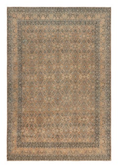 Antiker persischer geblümter Teppich aus Wolle von Kerman in Beige, Braun und Blau