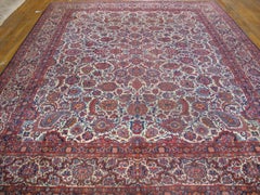 1920s Ivory Floral Antique Persian Kashan Rug 9'0" x 11' 10" Knotted Wool Carpet
