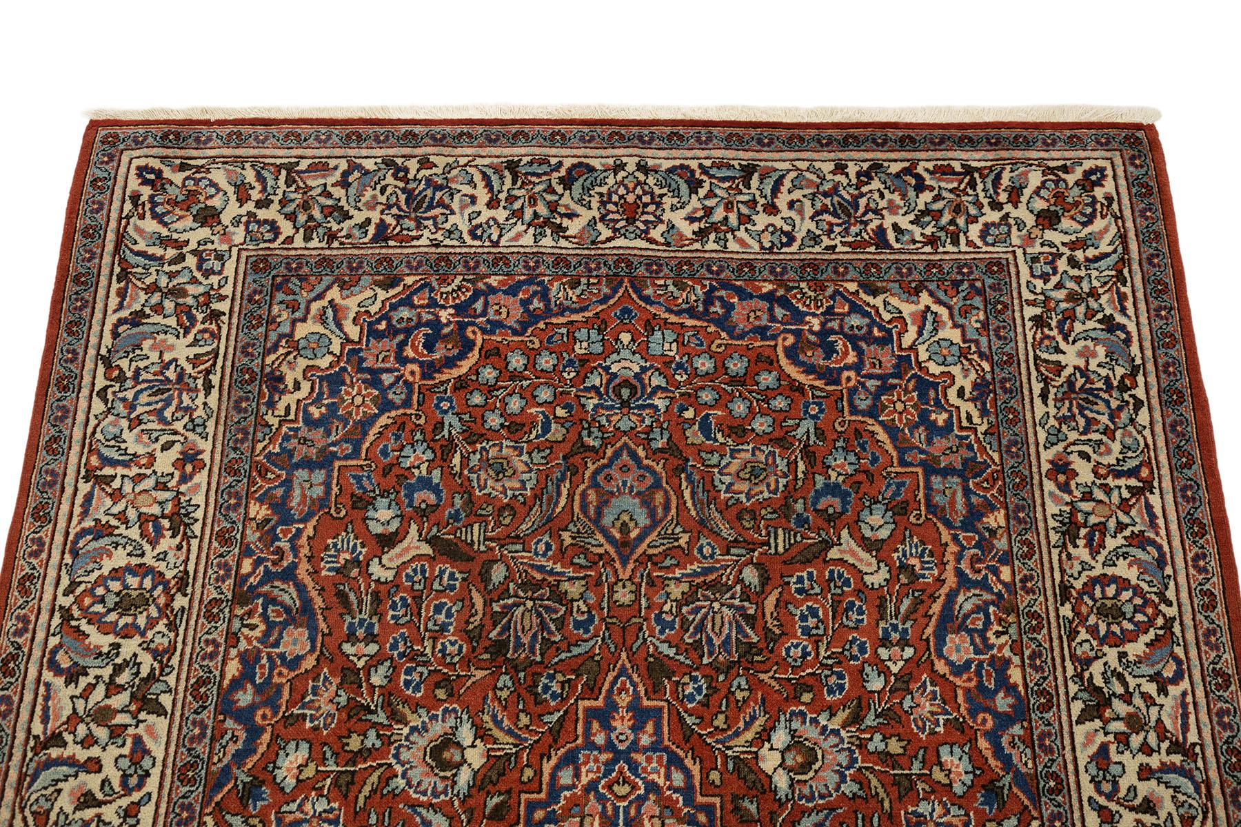 Antiker Kashan Teppich, handgeknüpft, 6,7 × 4,4 Fuß - Rot, Blau und Elfenbein (Handgeknüpft) im Angebot
