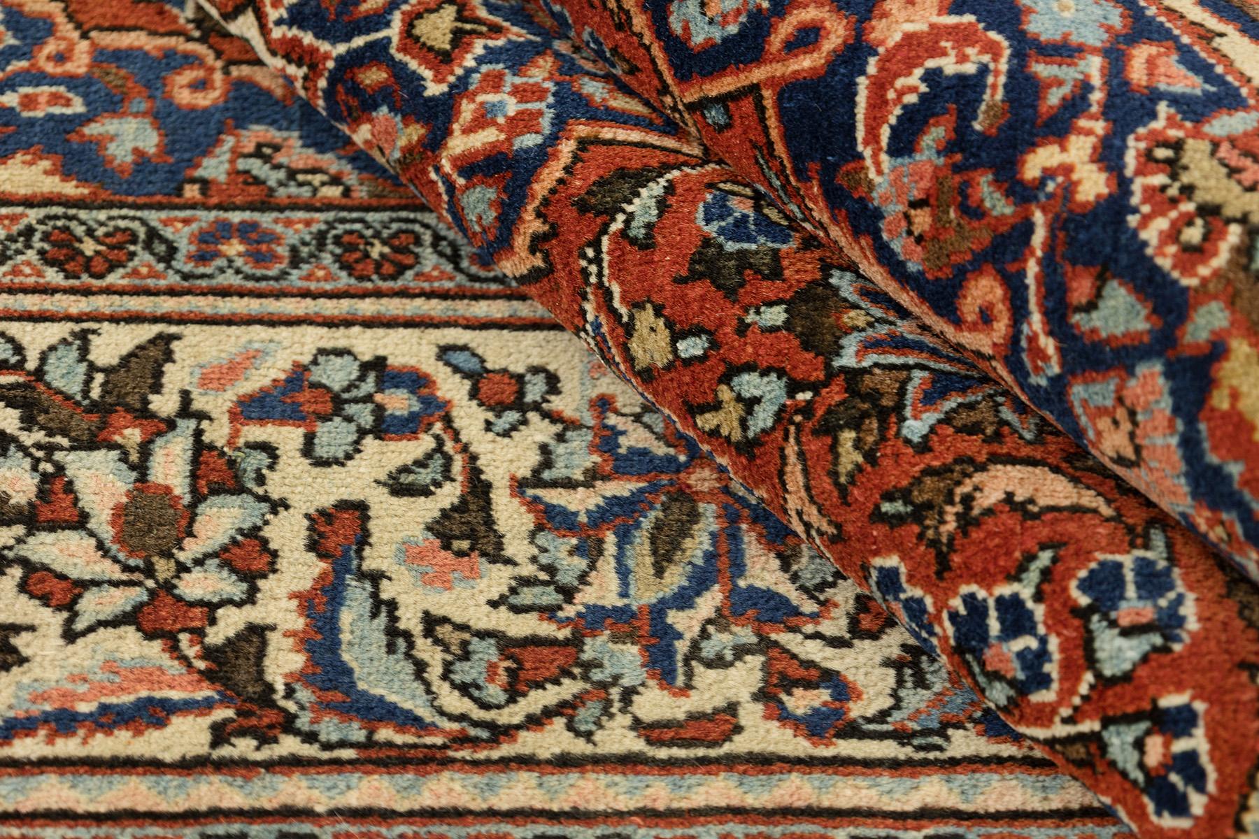 Antiker Kashan Teppich, handgeknüpft, 6,7 × 4,4 Fuß - Rot, Blau und Elfenbein im Angebot 1