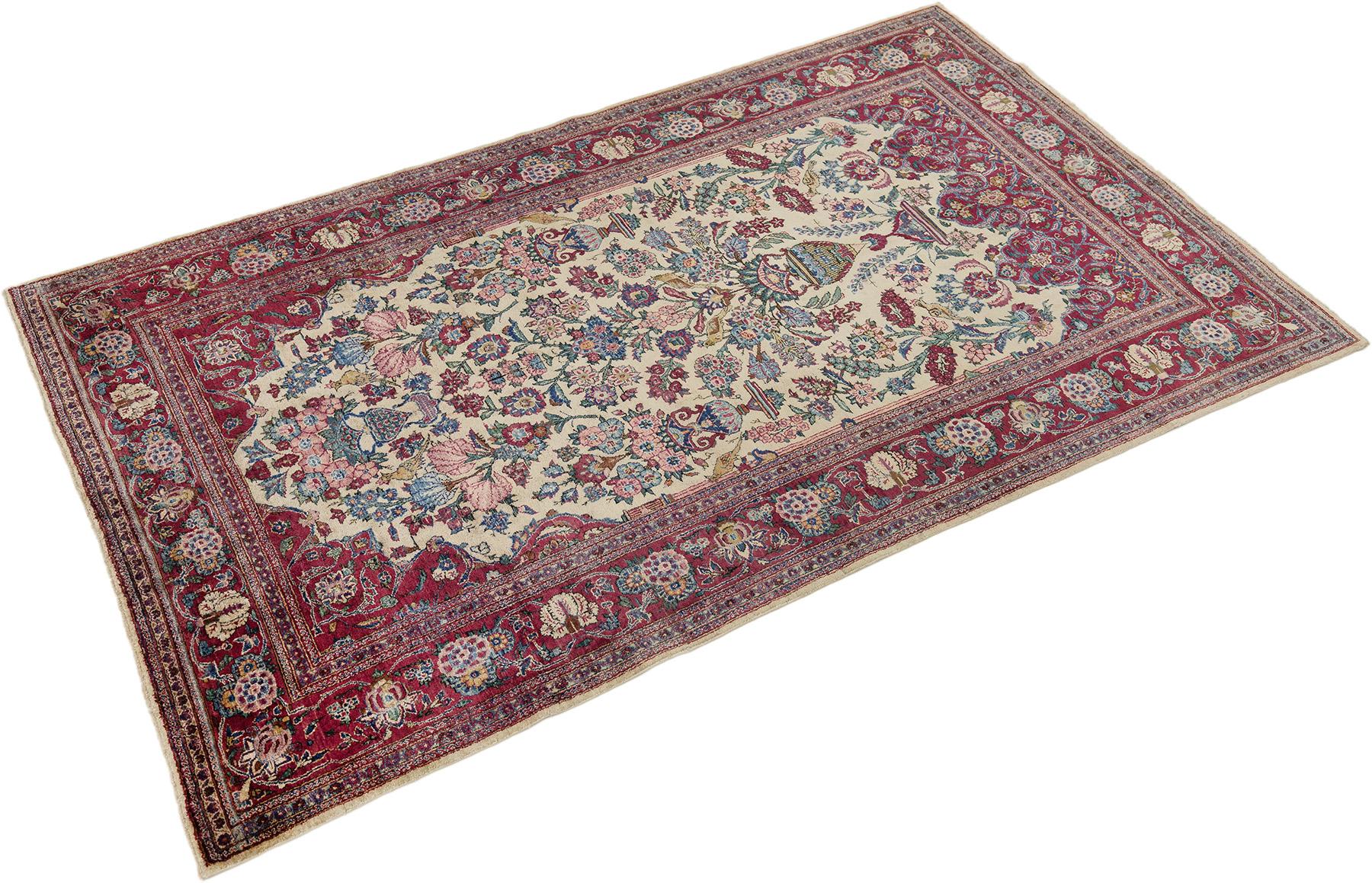 Antiker Kashan Teppich, handgeknüpft, 6,8 × 4,2 Fuß - Elfenbein, Rot & Blau (Persisch) im Angebot