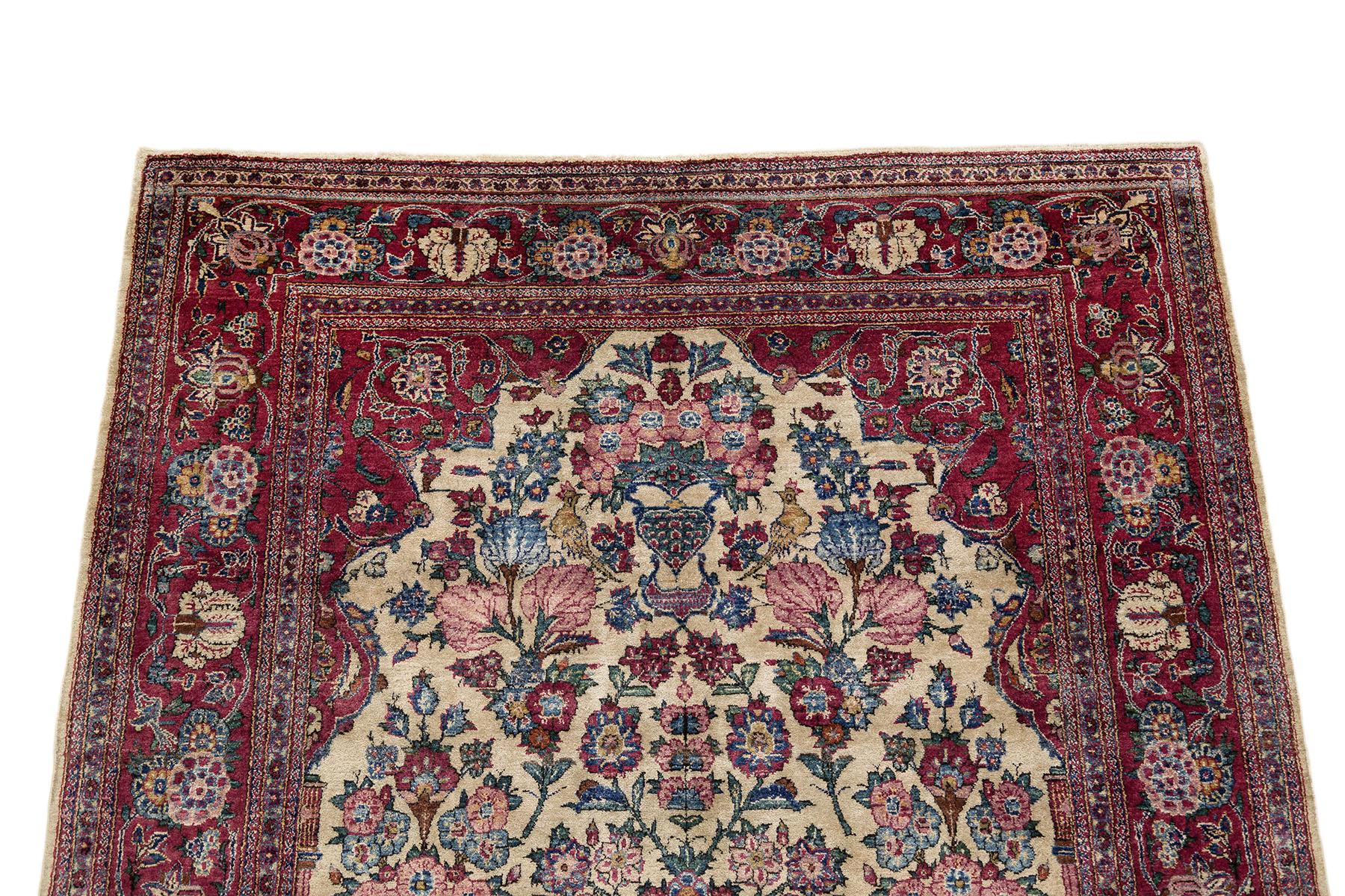 Antiker Kashan Teppich, handgeknüpft, 6,8 × 4,2 Fuß - Elfenbein, Rot & Blau (Handgeknüpft) im Angebot
