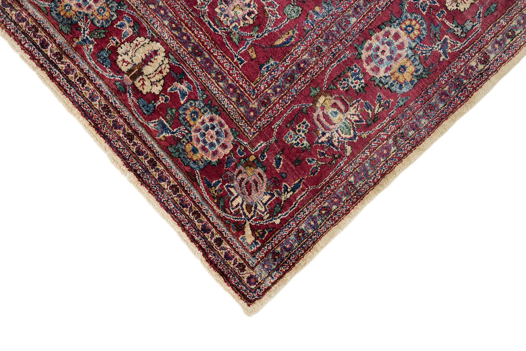 Antiker Kashan Teppich, handgeknüpft, 6,8 × 4,2 Fuß - Elfenbein, Rot & Blau im Zustand „Gut“ im Angebot in North Bergen, NJ