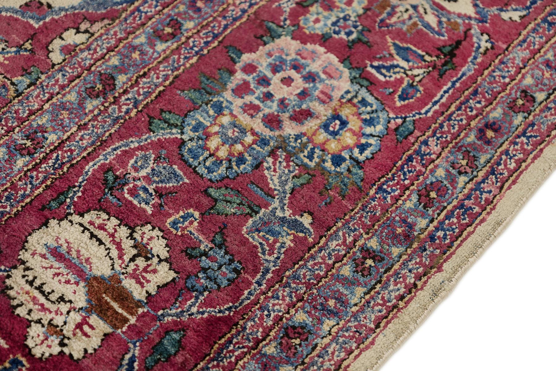 Antiker Kashan Teppich, handgeknüpft, 6,8 × 4,2 Fuß - Elfenbein, Rot & Blau (19. Jahrhundert) im Angebot